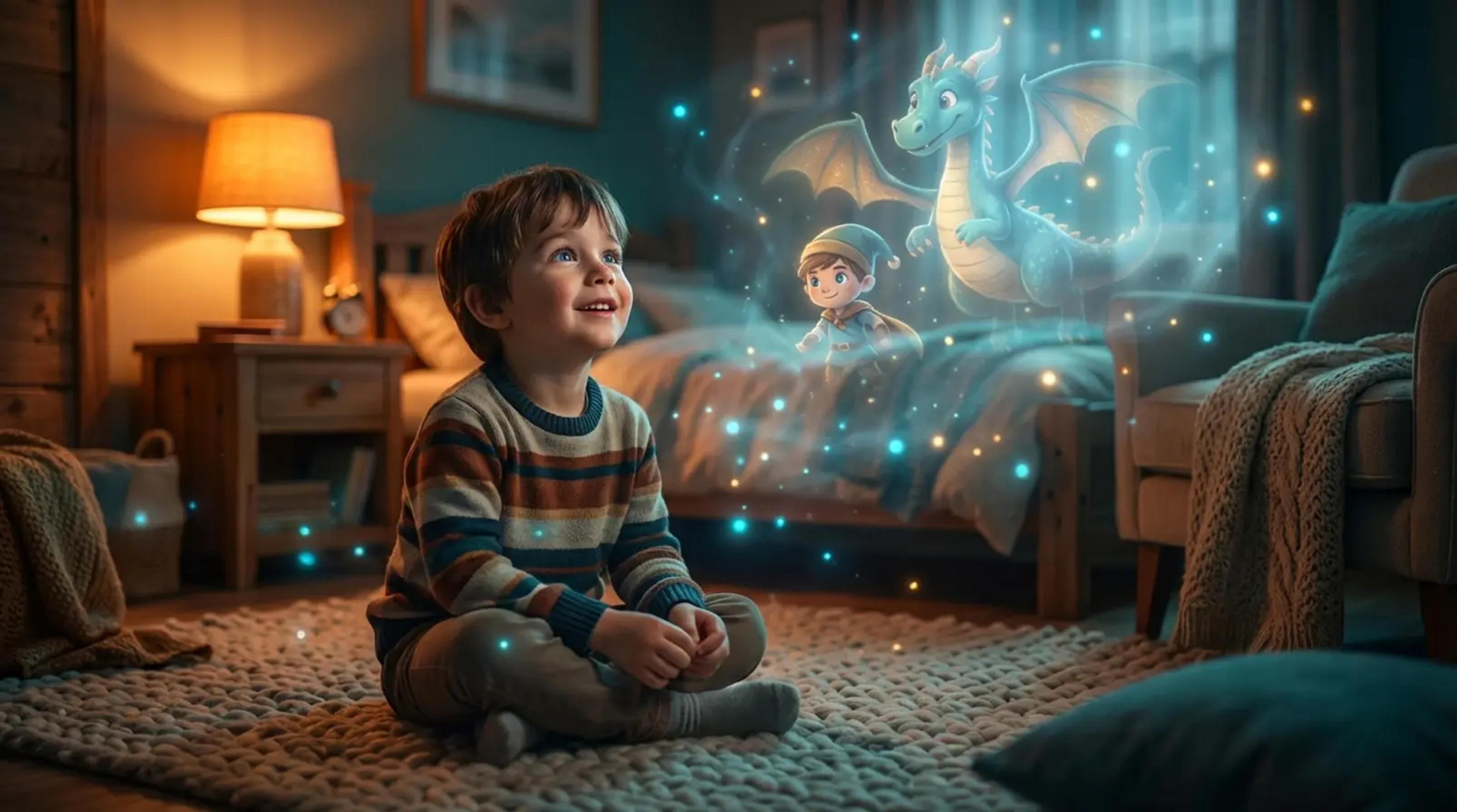 A young child sitting in a cozy, dimly lit bedroom, looking up with wonder at magical, glowing storybook characters appearing in the air, representing the immersive experience of personalized AI audio stories.
