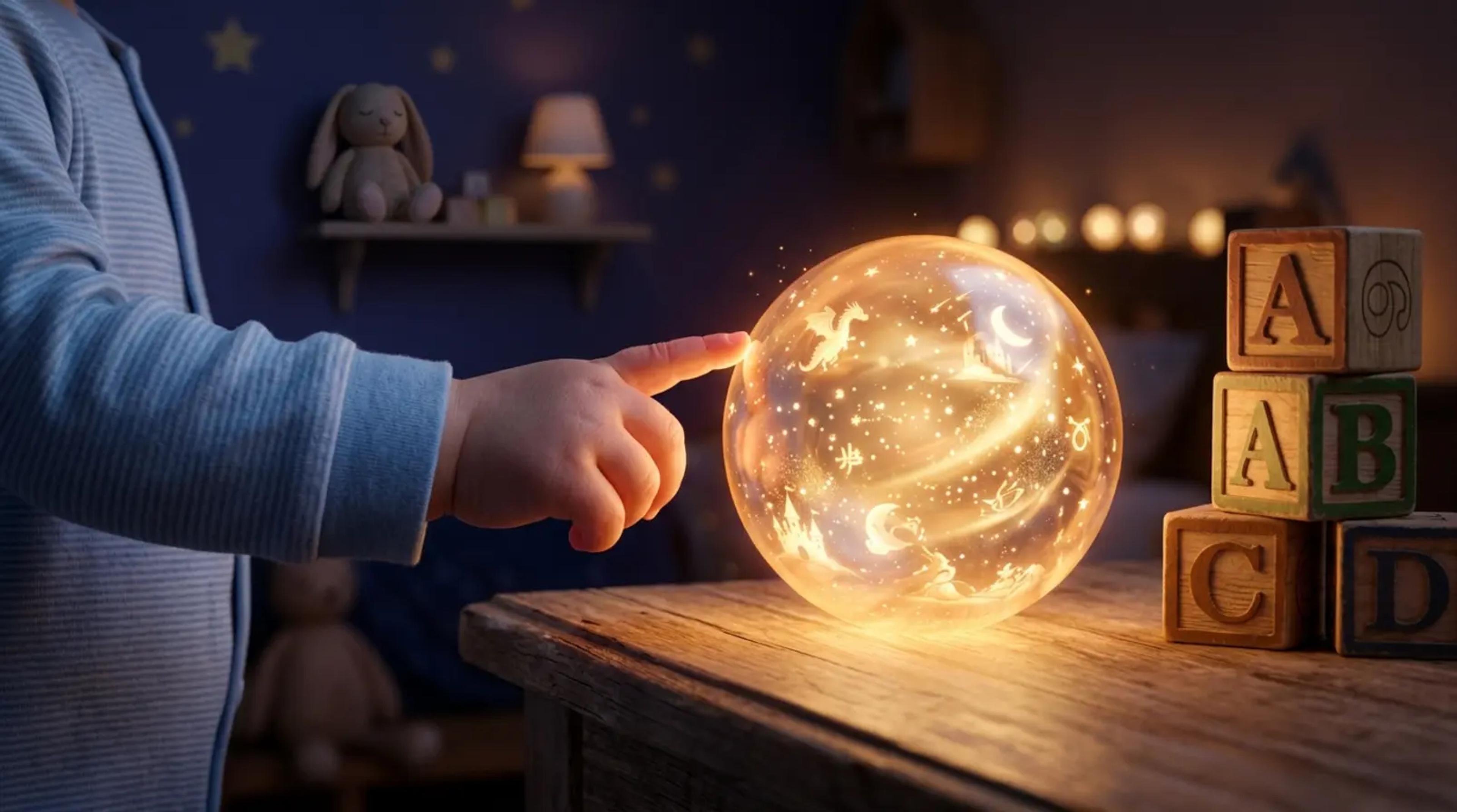 Die Hand eines Kindes, die nach einem leuchtenden goldenen Licht auf einem Nachttisch greift, umgeben von Holzklötzen.