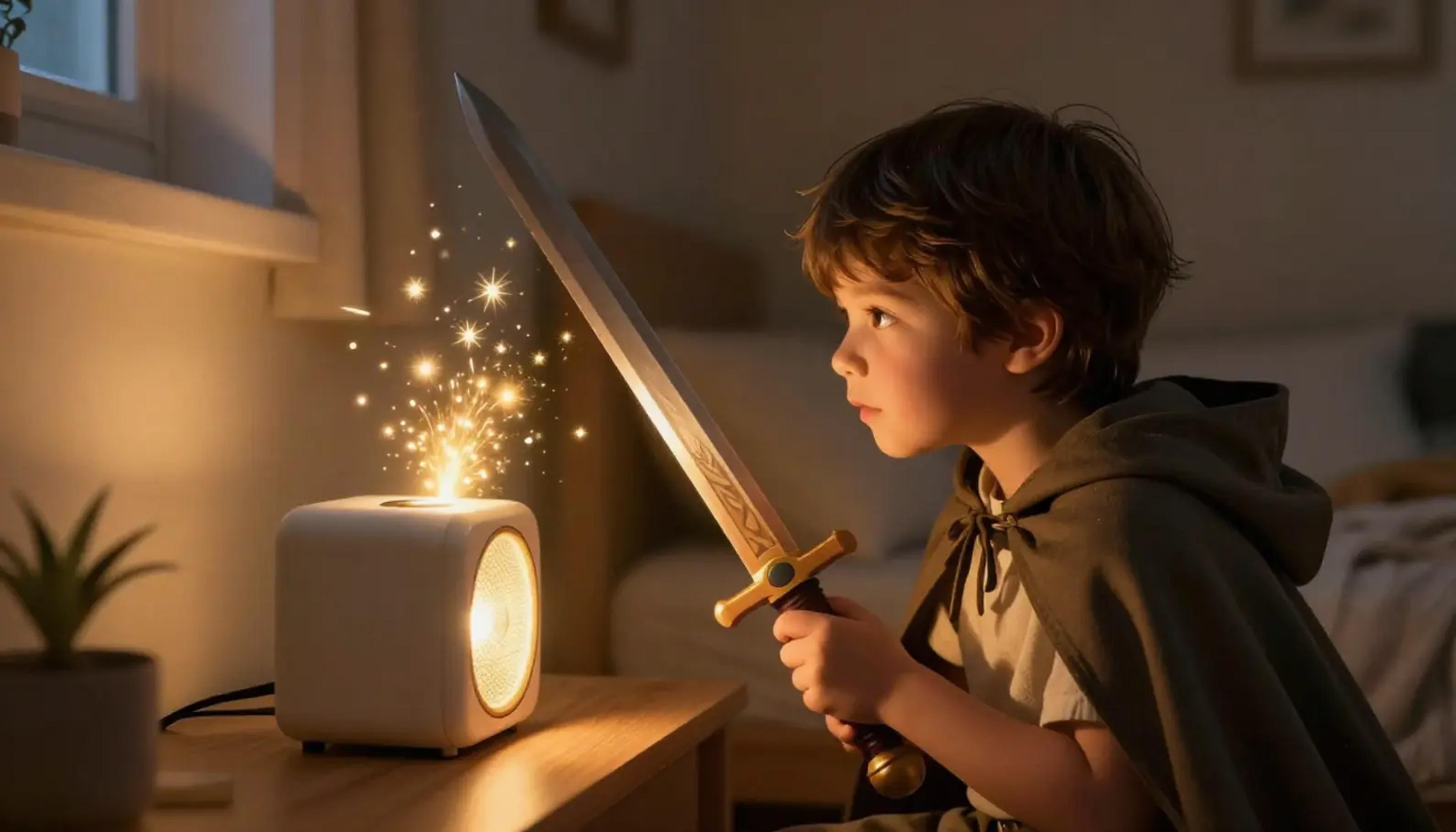 A young child wearing a cape and headphones, looking confident and happy while listening to a story.