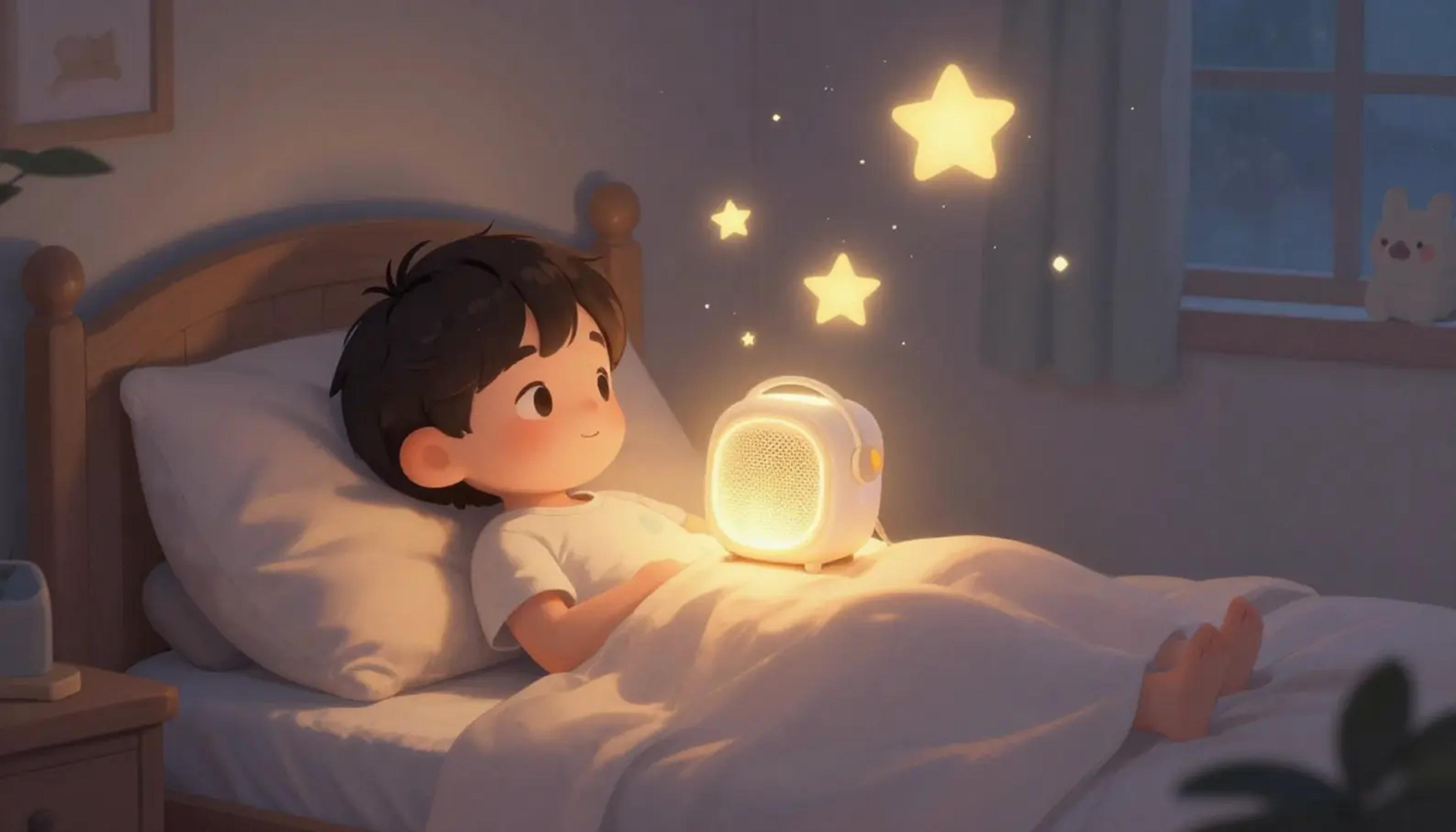 A child peacefully listening to audio stories in a cozy, dimly lit bedroom, transitioning to sleep.