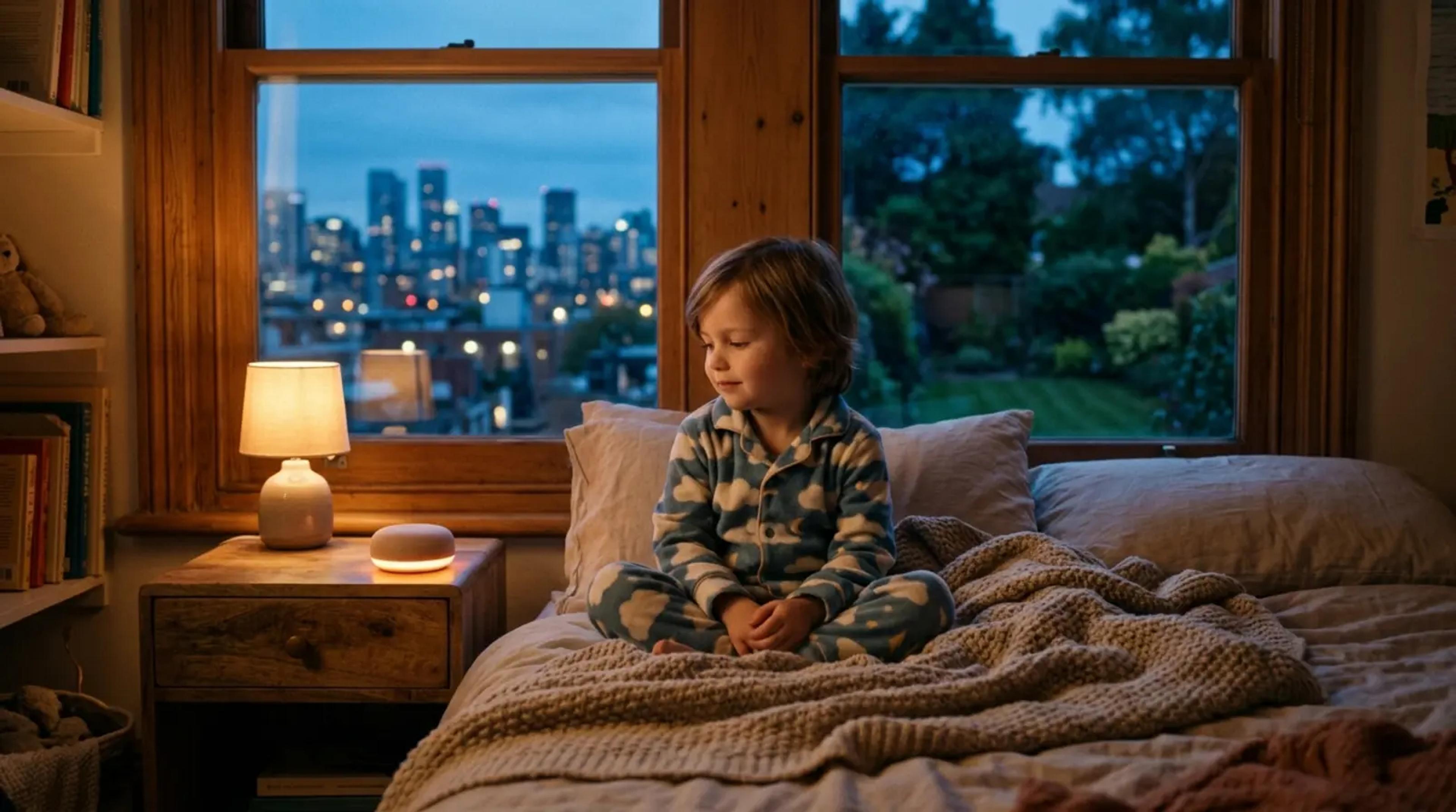 A young child sitting peacefully on a bed, listening to a story, with a subtle visual representation of two different home environments in the background.