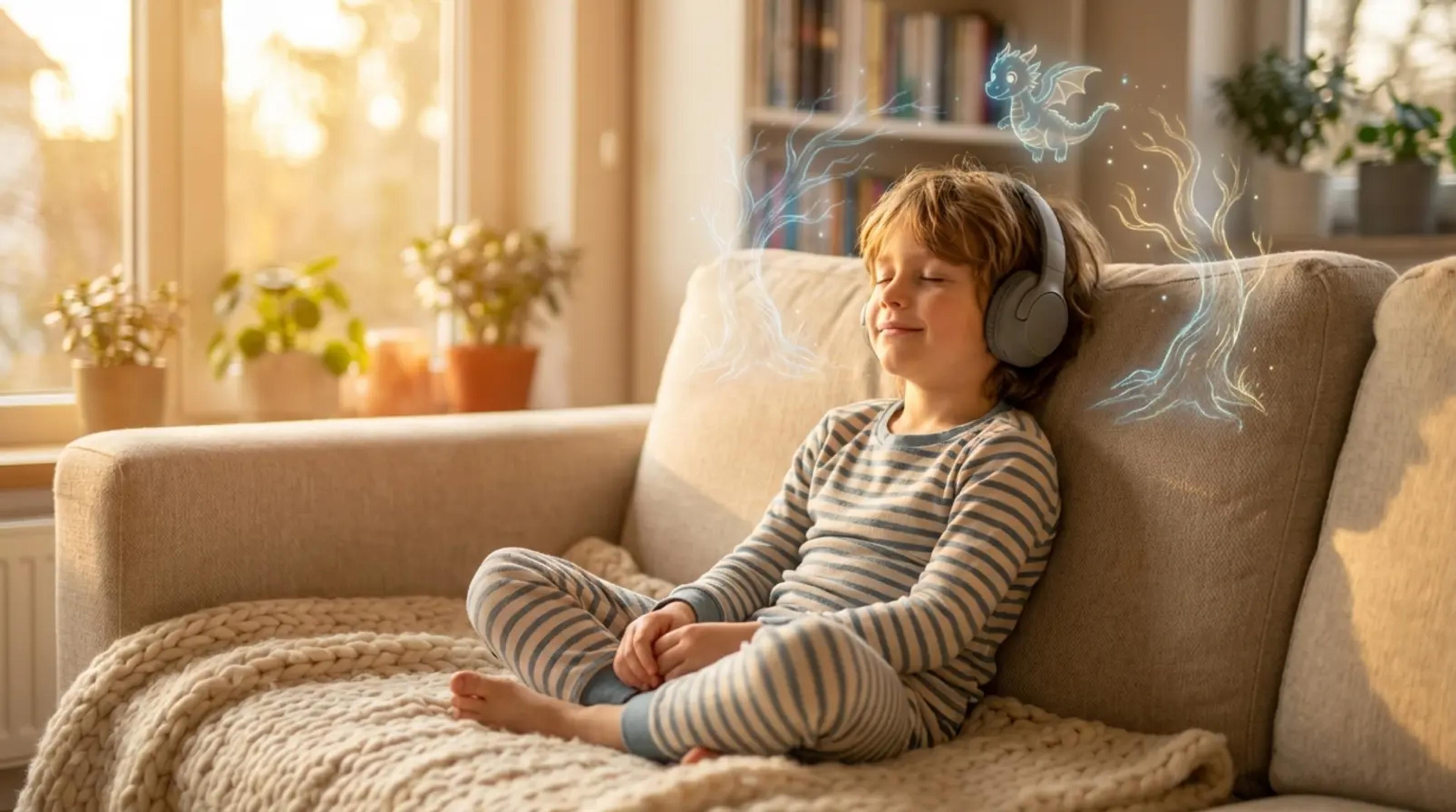 A calm child wearing headphones sits on a soft blanket in a sunlit living room, surrounded by faint magical sparkles representing a personalized audio story 'decompression bridge'.