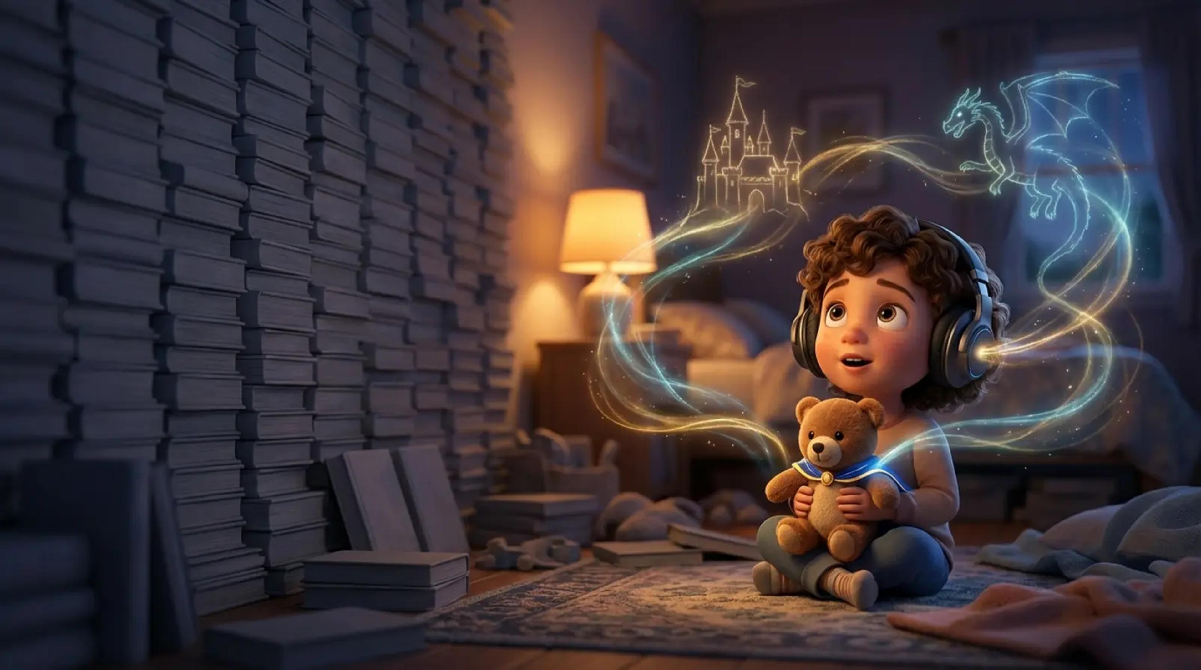 A young child wearing headphones looks up in wonder as a personalized story comes to life around them, featuring a glowing teddy bear hero and a magical castle, contrasting with a blurred background of a massive, generic library.