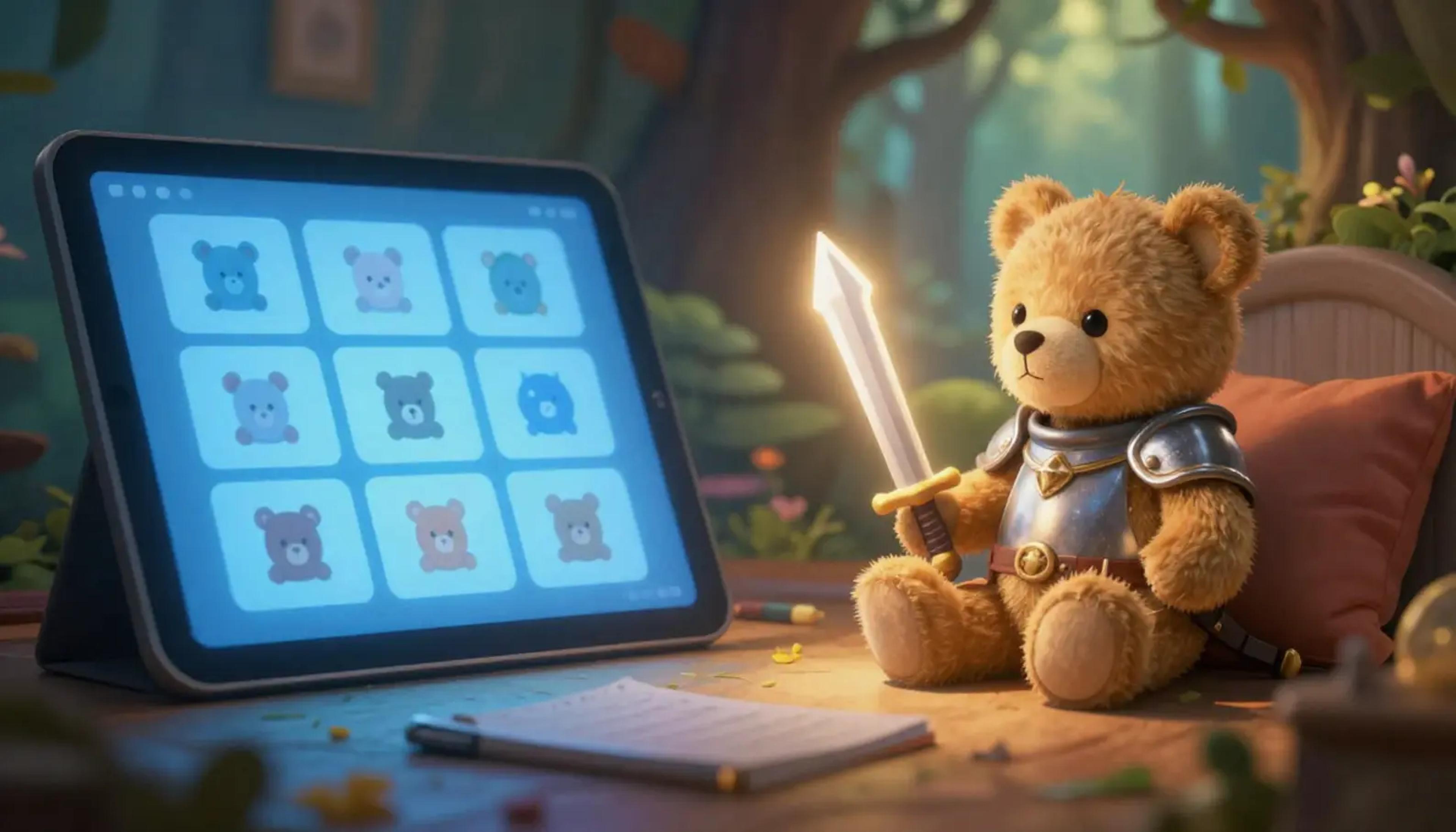 A child sitting peacefully in a cozy nook, listening to a story, with their favorite toy glowing softly, contrasting with a blurred digital screen in the background.