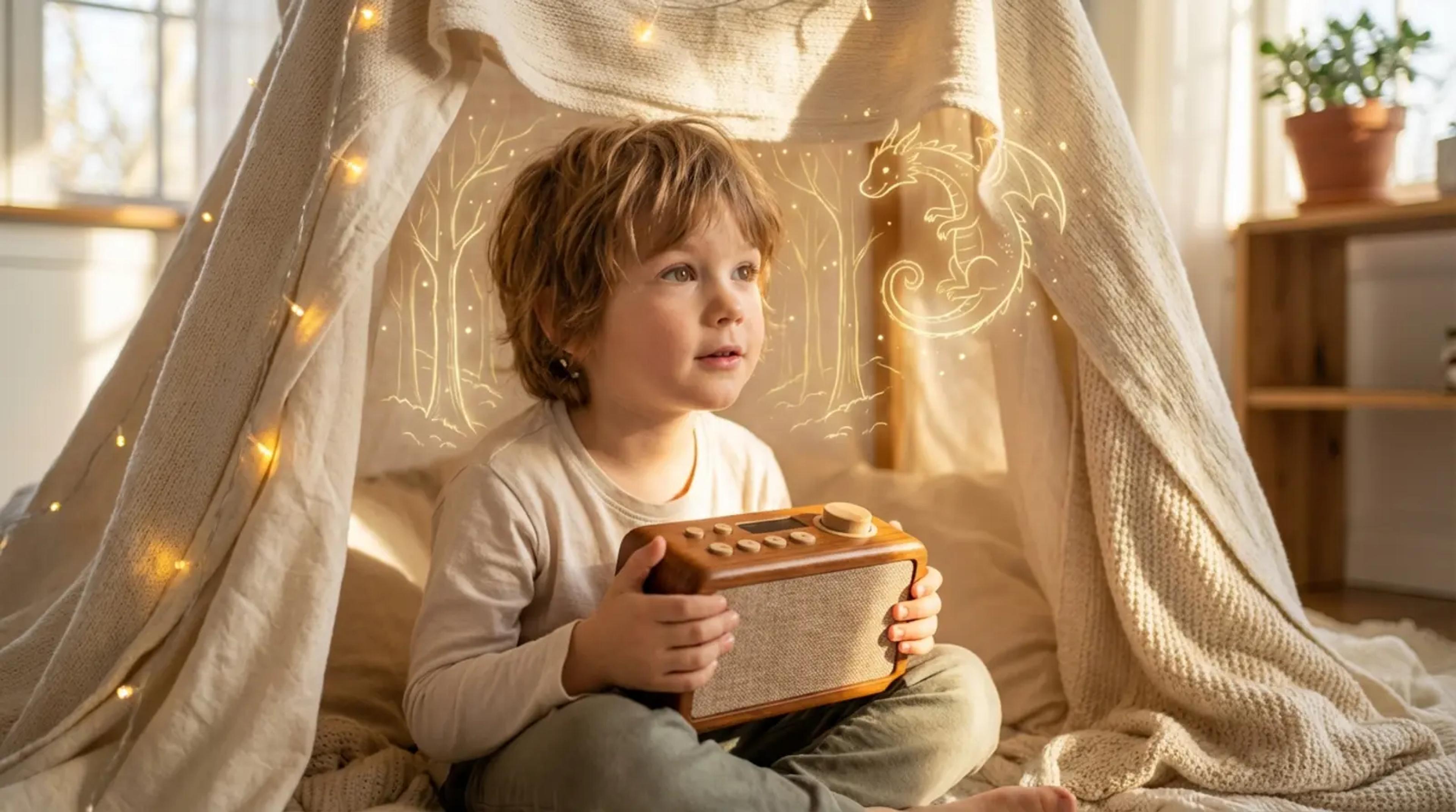 Ein kleines Kind sitzt in einer gemütlichen Deckenhöhle und hört aufmerksam einem hölzernen Audioplayer zu; ein Ausdruck des Staunens illustriert das 'Audio Sanctuary'-Konzept und die bildschirmfreie Fantasie.