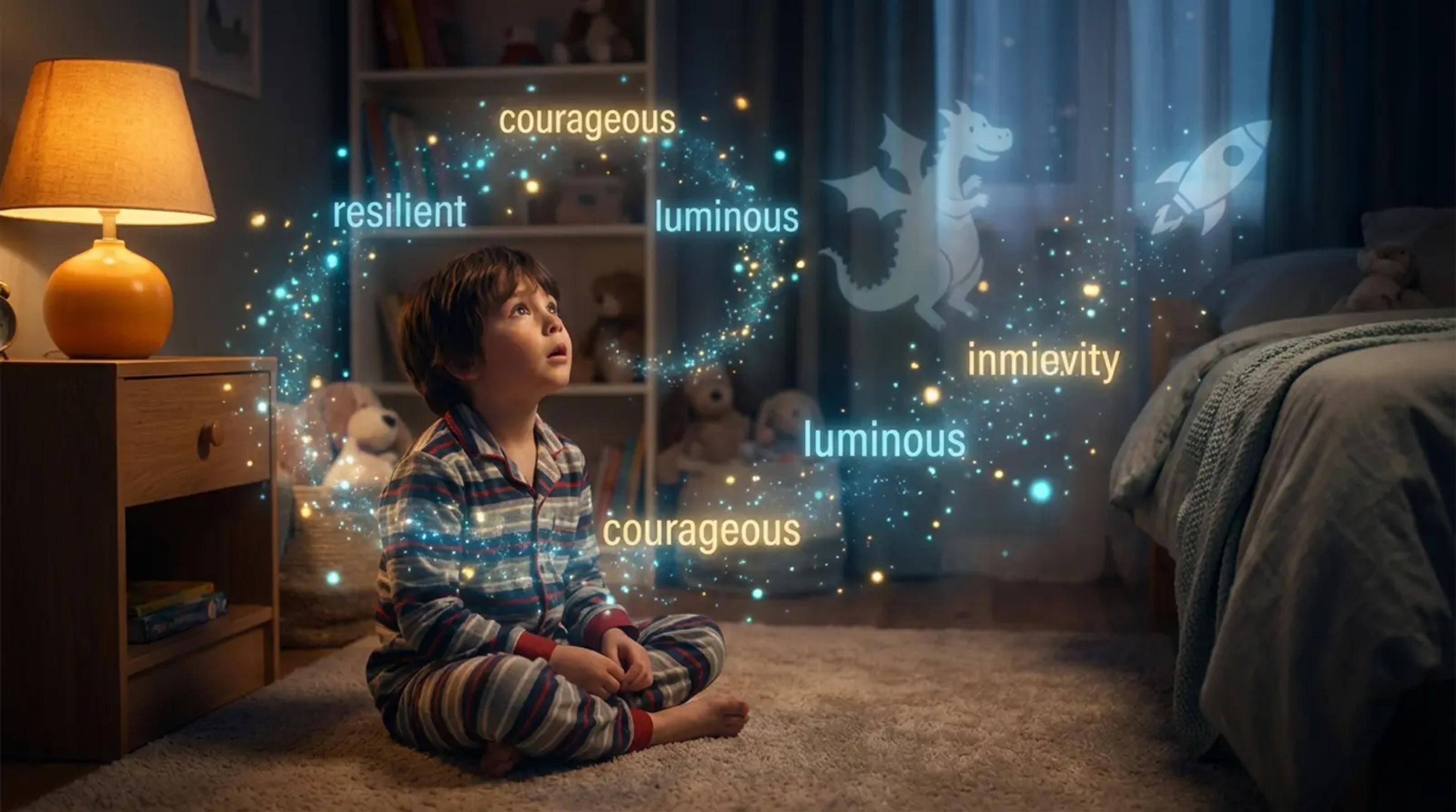 Ein kleines Kind in einem gemütlichen Kinderzimmer blickt staunend auf leuchtende, magische Wörter und durchscheinende Geschichtenelemente wie einen Drachen und eine Rakete, was den 'Hero-Effekt' und den Wortschatzzuwachs durch personalisierte Hörgeschichten symbolisiert.