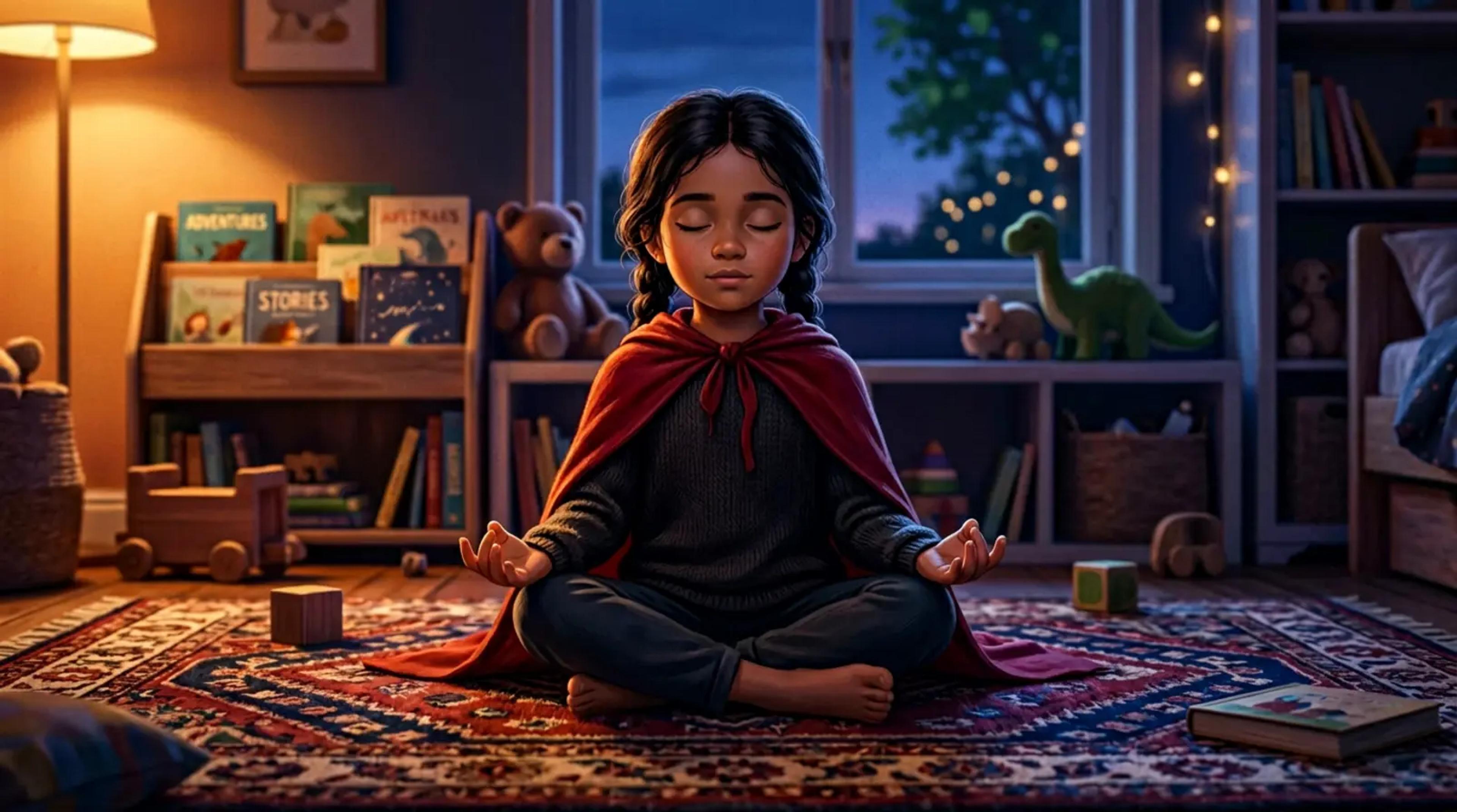 Ein kleines Kind, das ruhig mit geschlossenen Augen dasitzt und einen kleinen Umhang trägt, um Fokus und Geduld zu illustrieren.