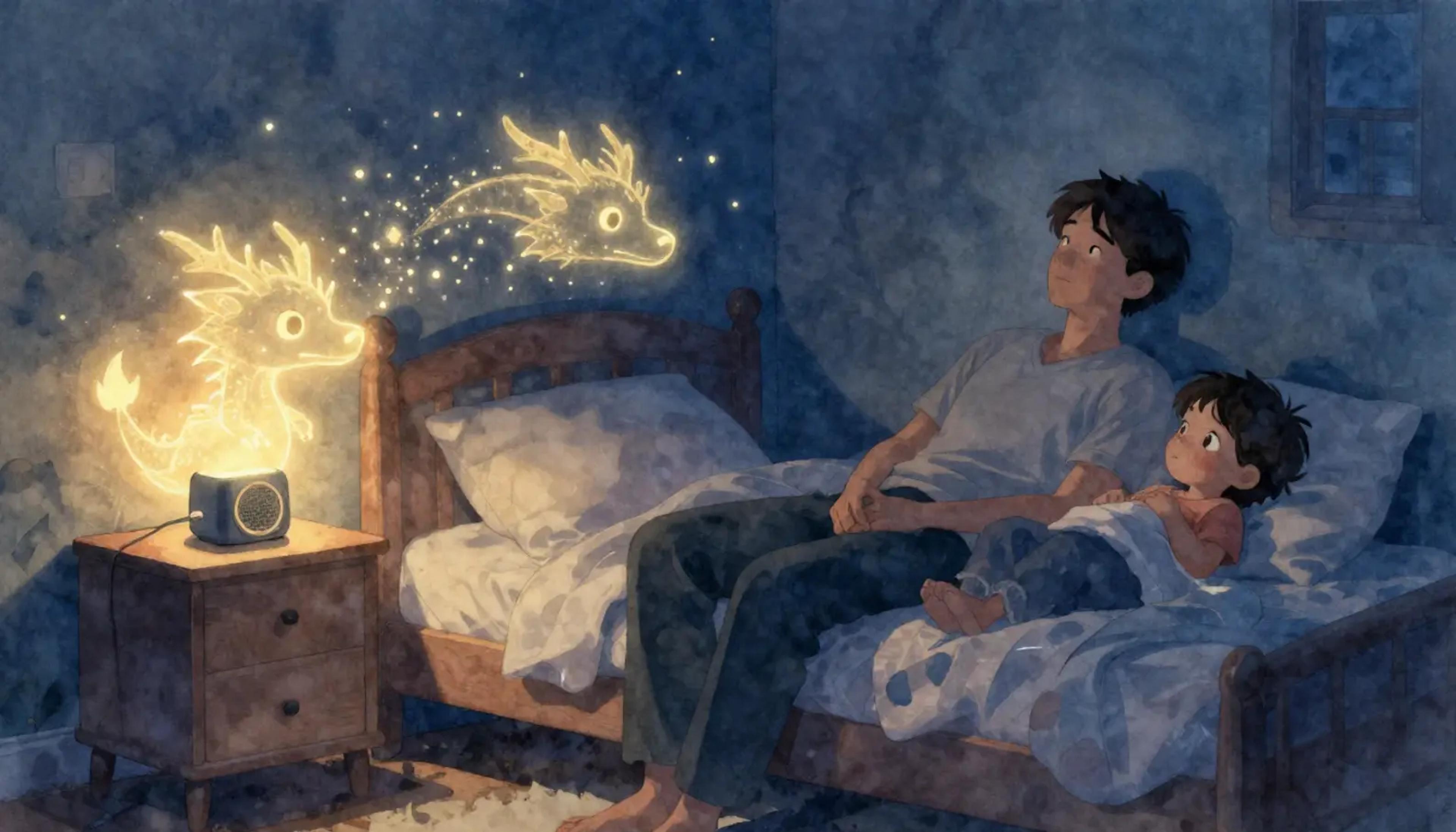 A relaxed parent sitting by a child's bed while a soft golden light glows from a small speaker, illustrating a peaceful bedtime routine.