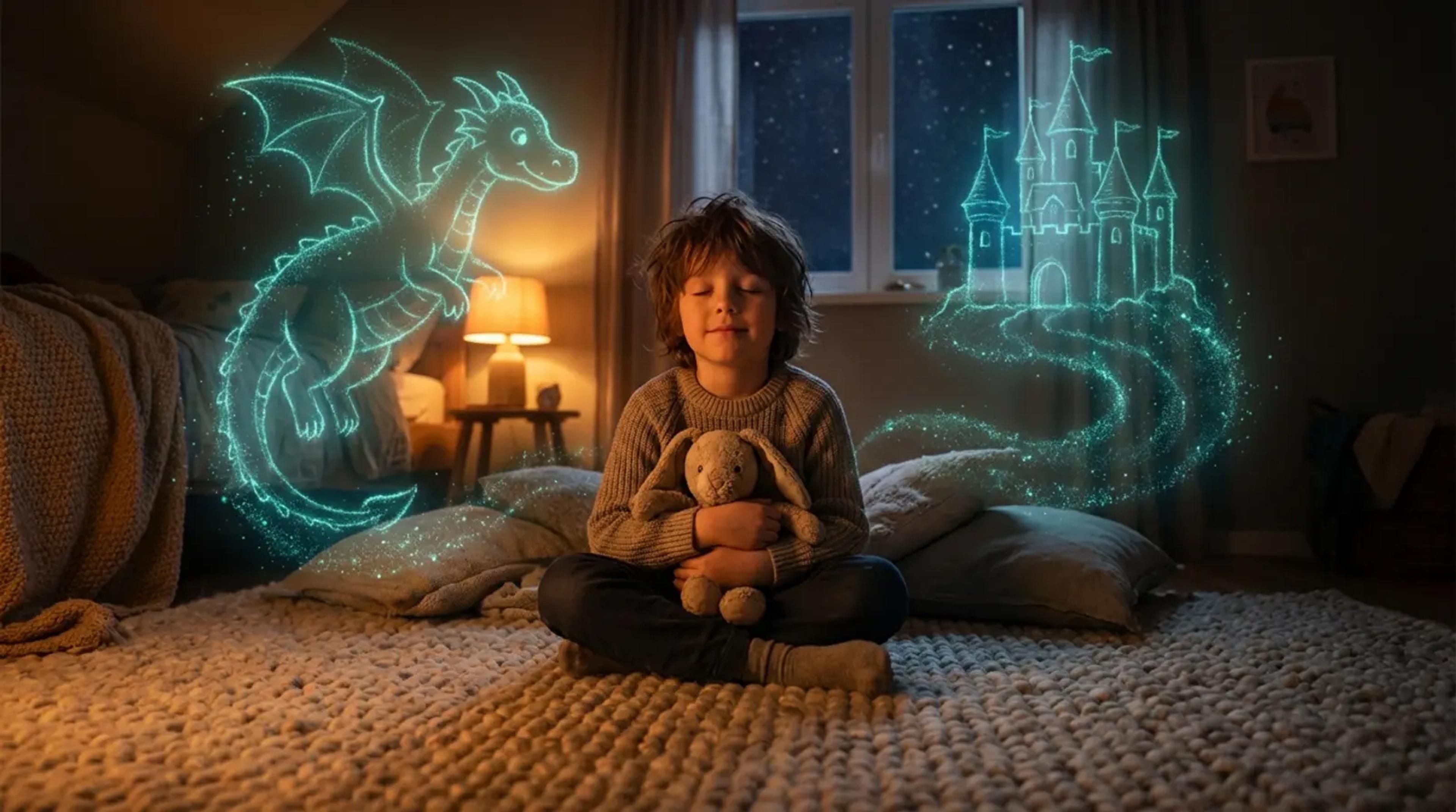 A child listening intently to a story with glowing imagination symbols floating around them.