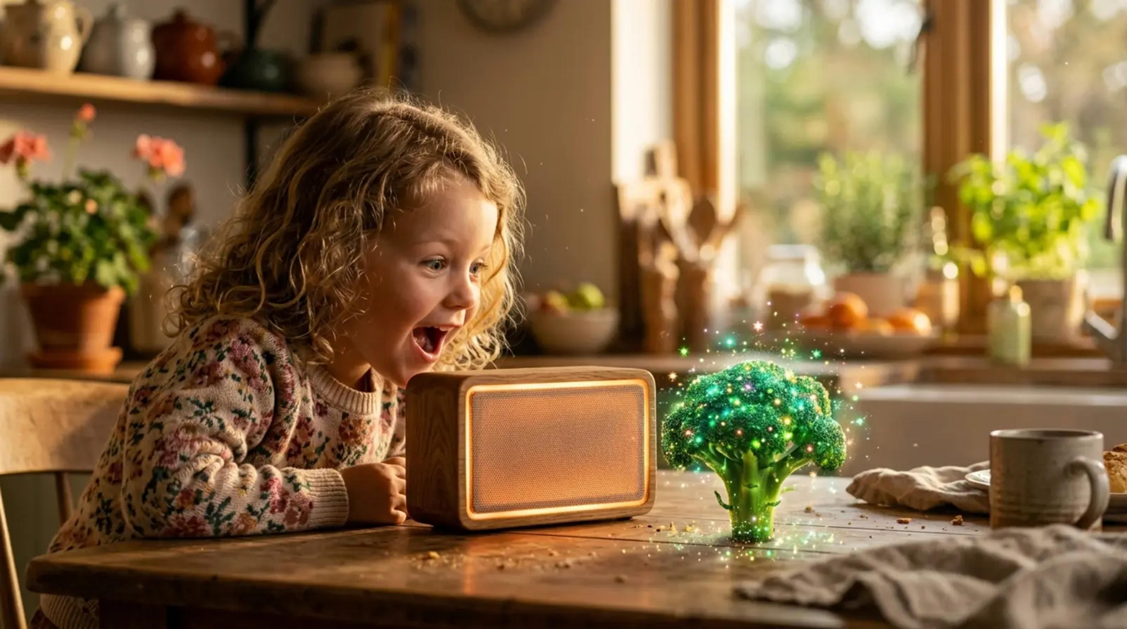 A young child looking curiously at a piece of broccoli that is glowing like a magical forest treasure while listening to an audio story.