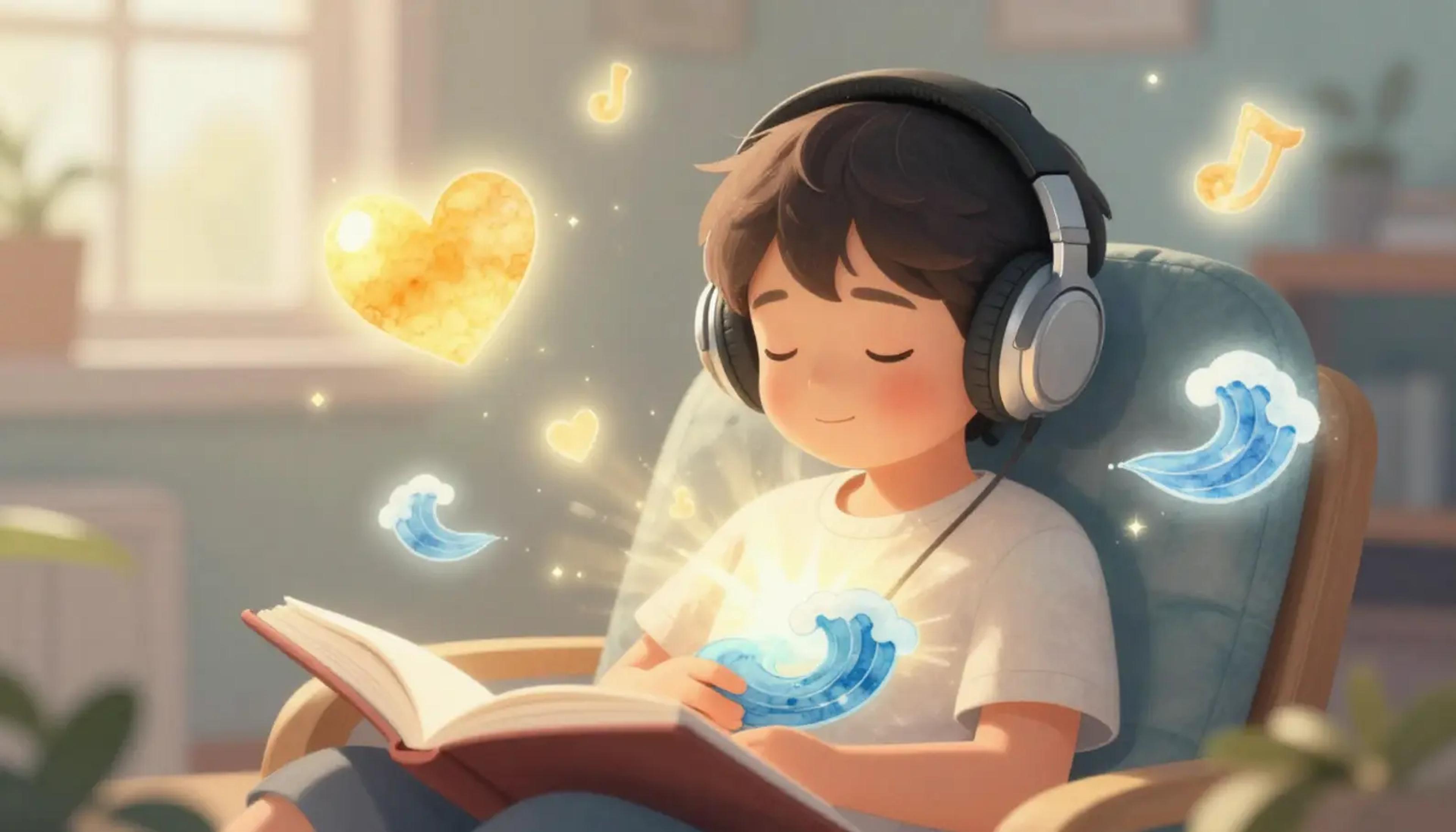 Ein Kind, das Audiogeschichten hört, umgeben von leuchtenden Symbolen für Herzschlag und Ruhe.