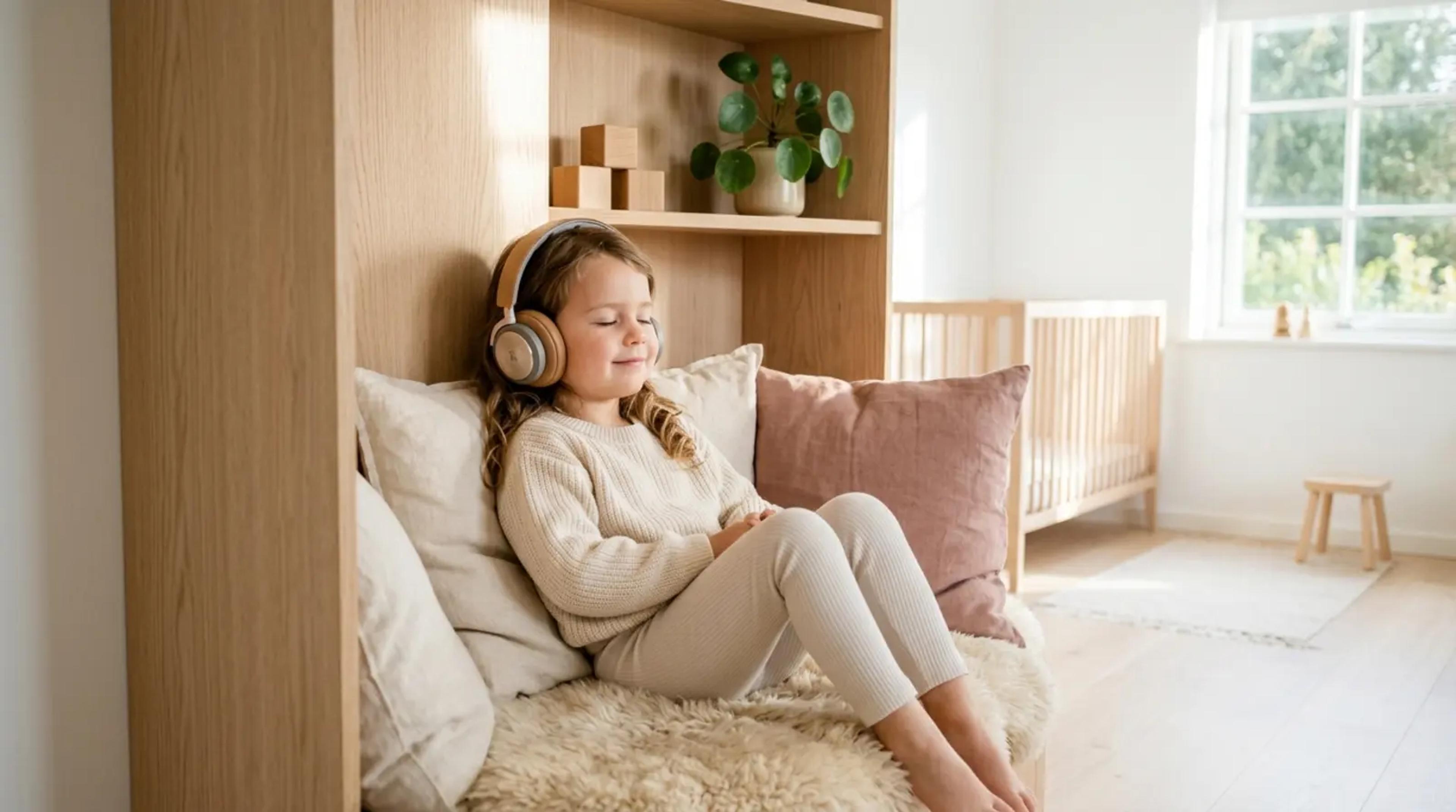 A child sitting peacefully in a minimalist, sunlit room, listening to an audio story without physical toys around.