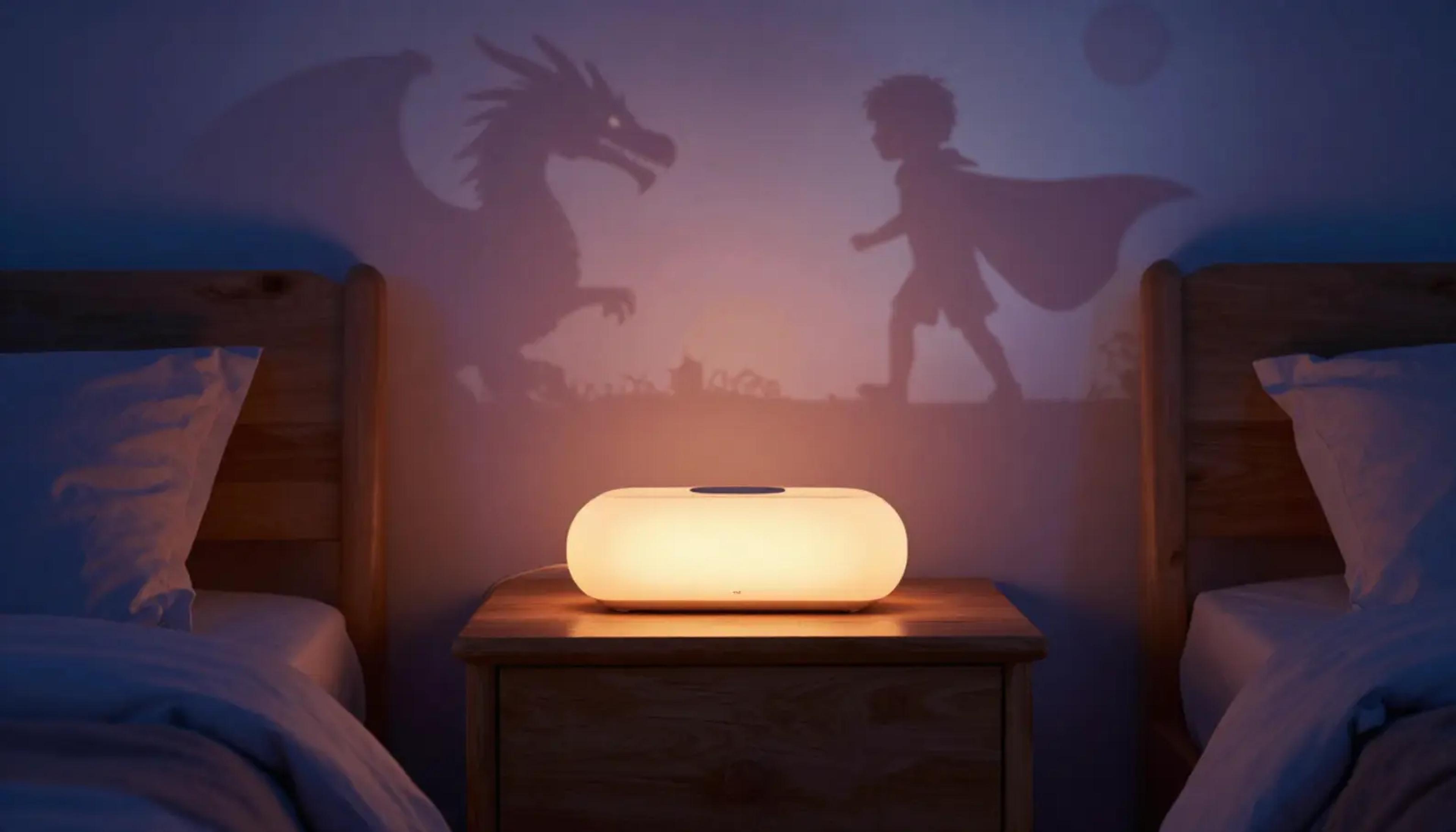 A child sitting in a cozy reading nook listening to a screen-free audio player with a warm glow.