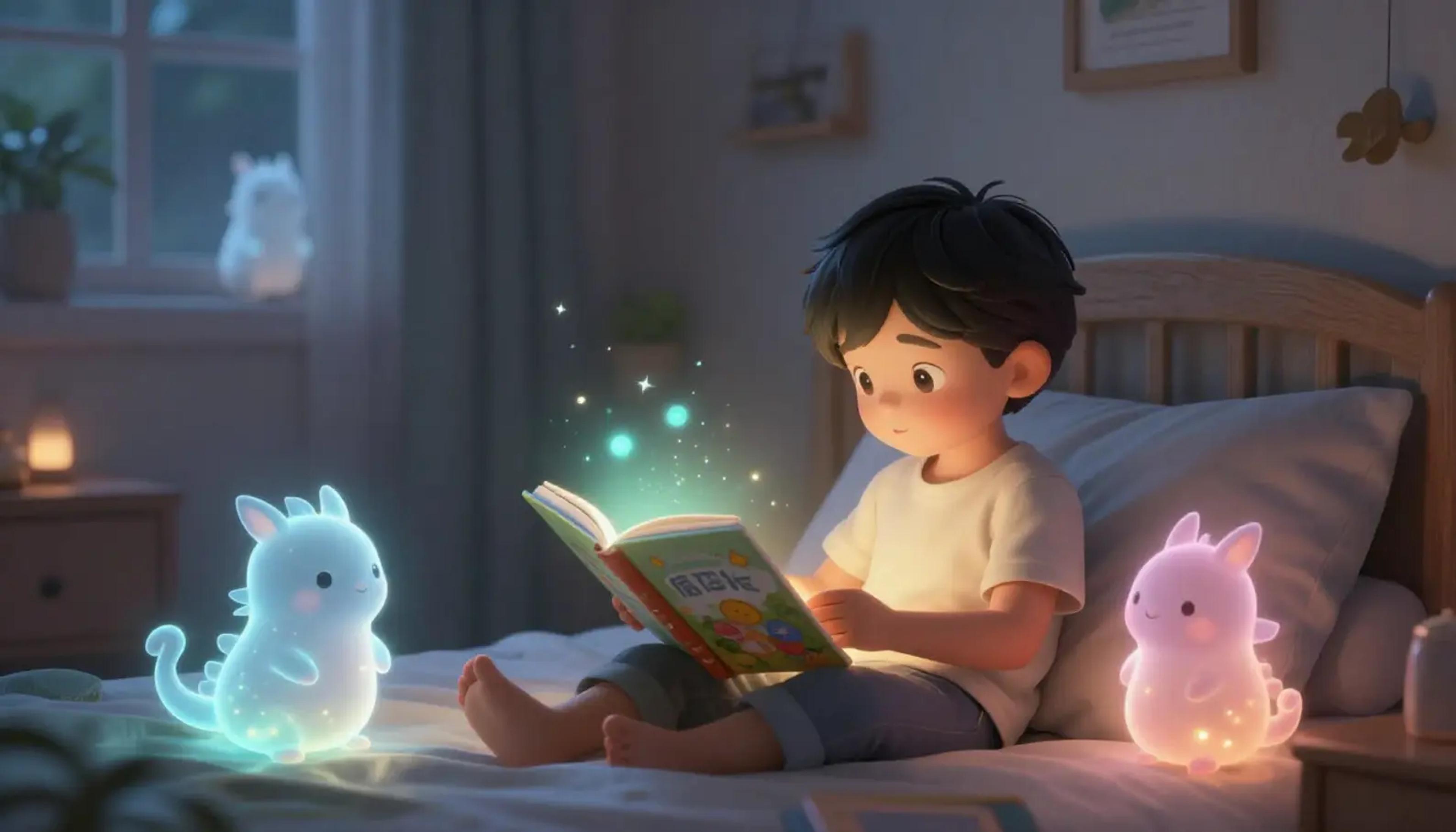 A child lying in bed listening to a speaker, with magical illustrations of dragons and castles glowing in the air.