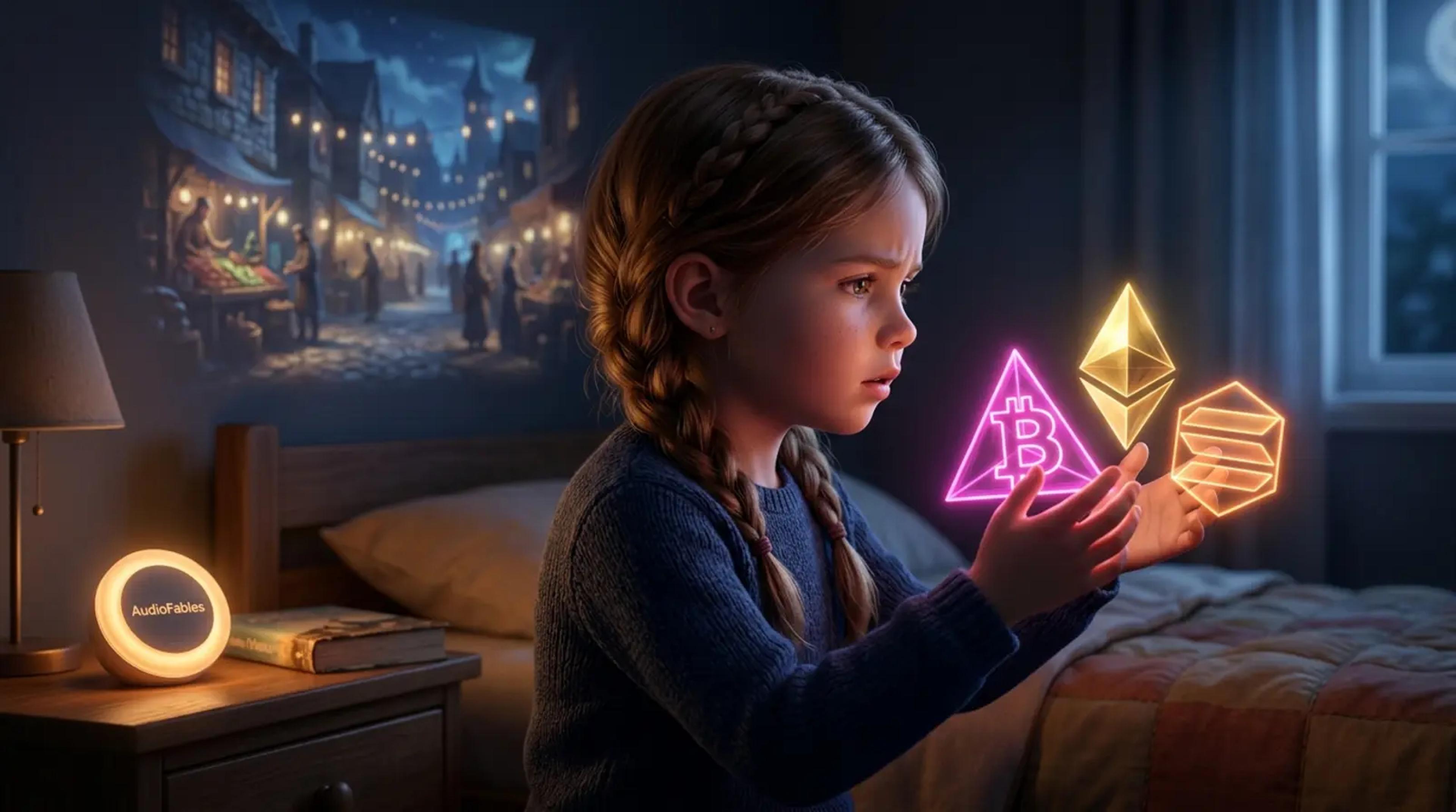 A young child holding glowing geometric shapes representing digital currency, looking thoughtful in a magical bedroom setting.