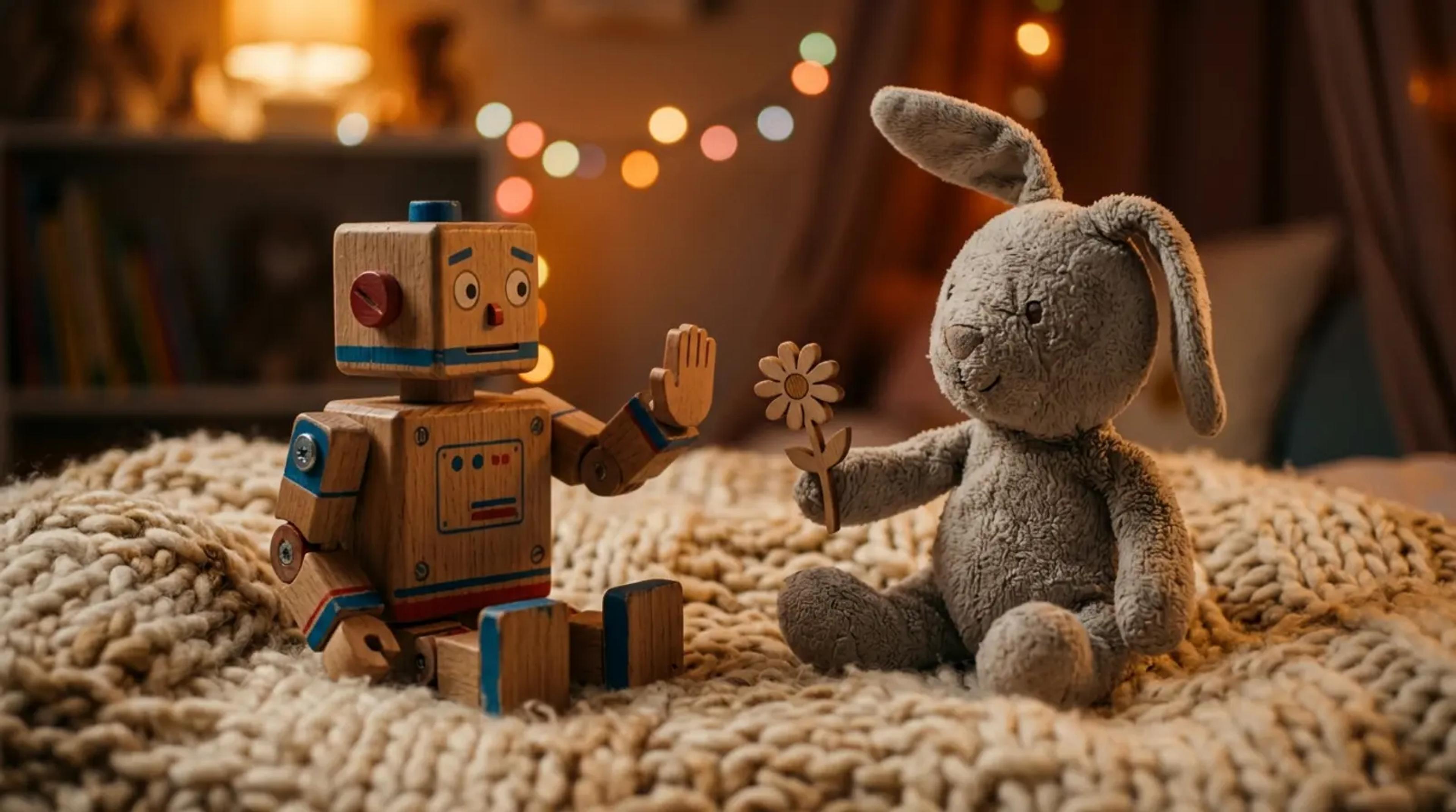 A small wooden toy robot and a plush rabbit sitting on a soft blanket, illustrating a respectful interaction.