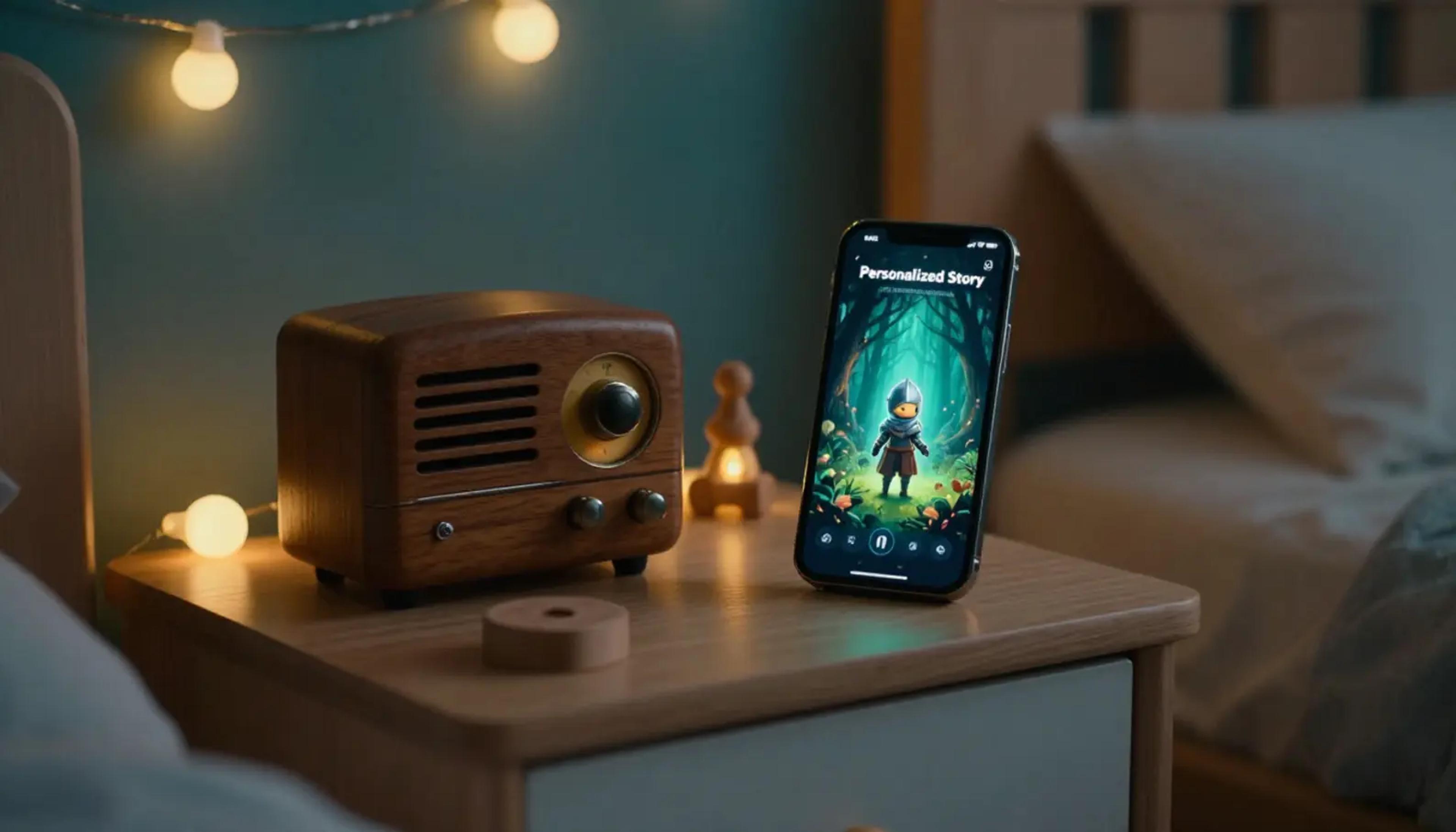 A child listening to an audio device in a cozy room, illustrating screen-free entertainment.