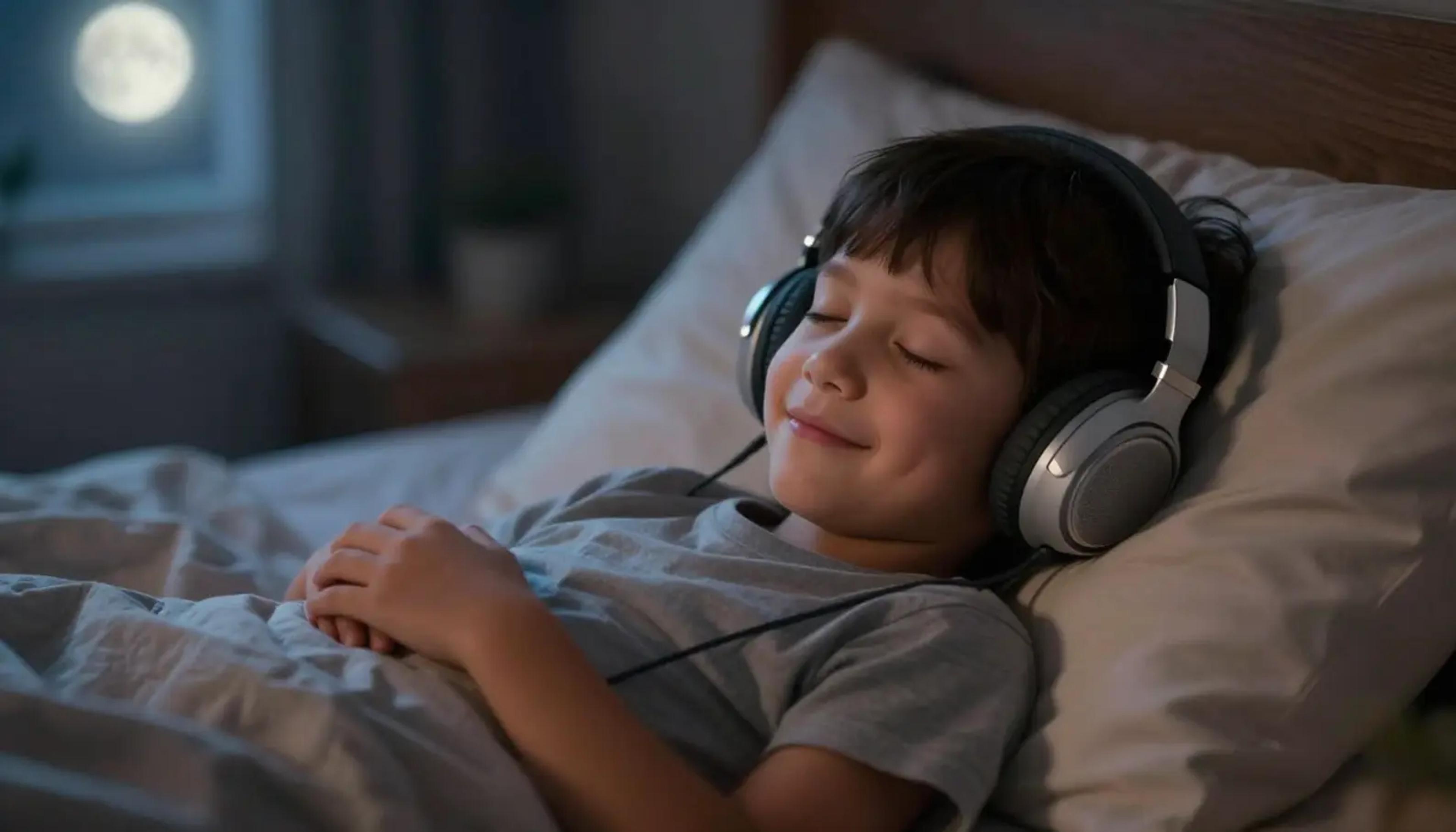 A peaceful child sleeping in a cozy bed with soft lighting, listening to a story.