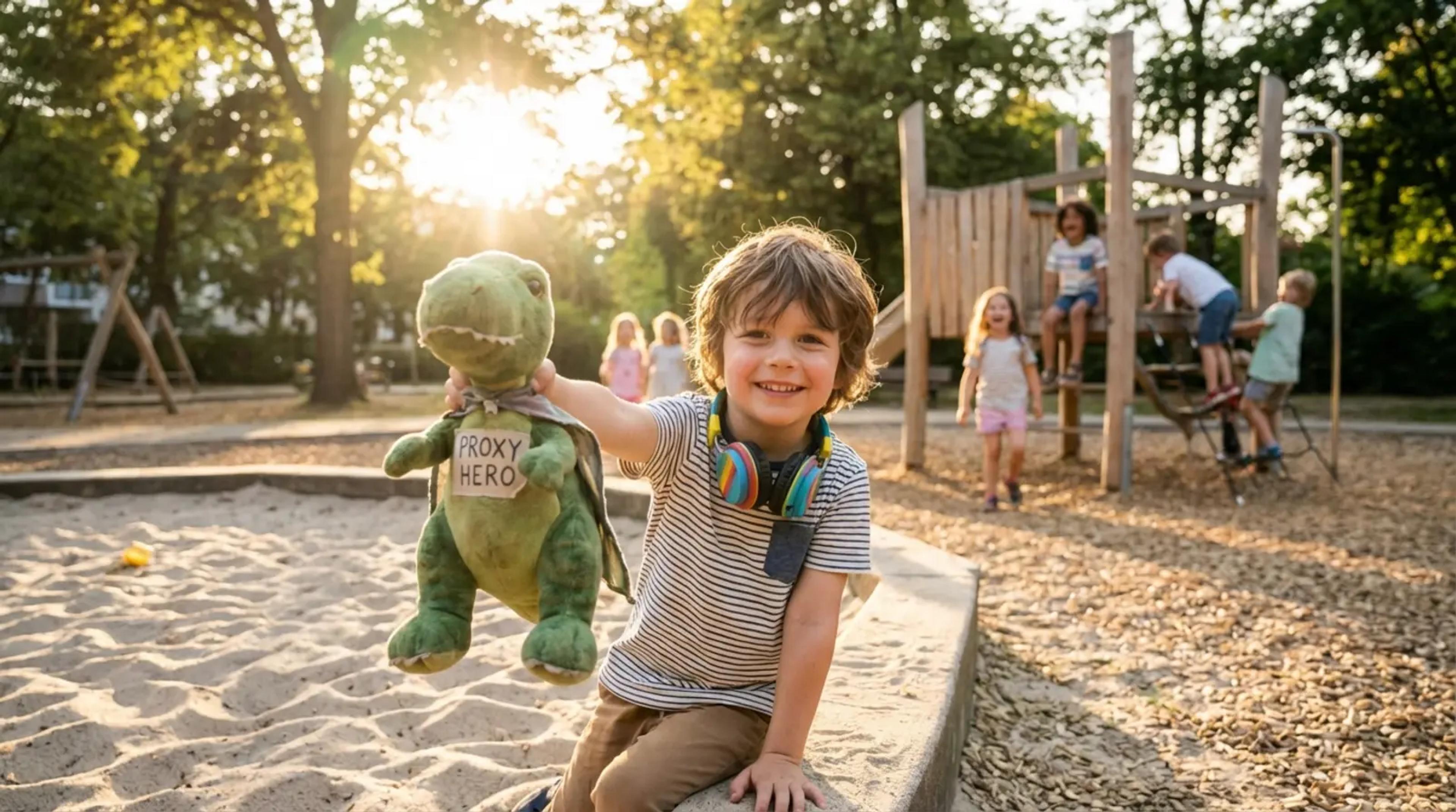A young boy stands confidently at a playground with his plush dinosaur and headphones, symbolizing the use of personalized audio stories and social scripts to navigate play interactions.