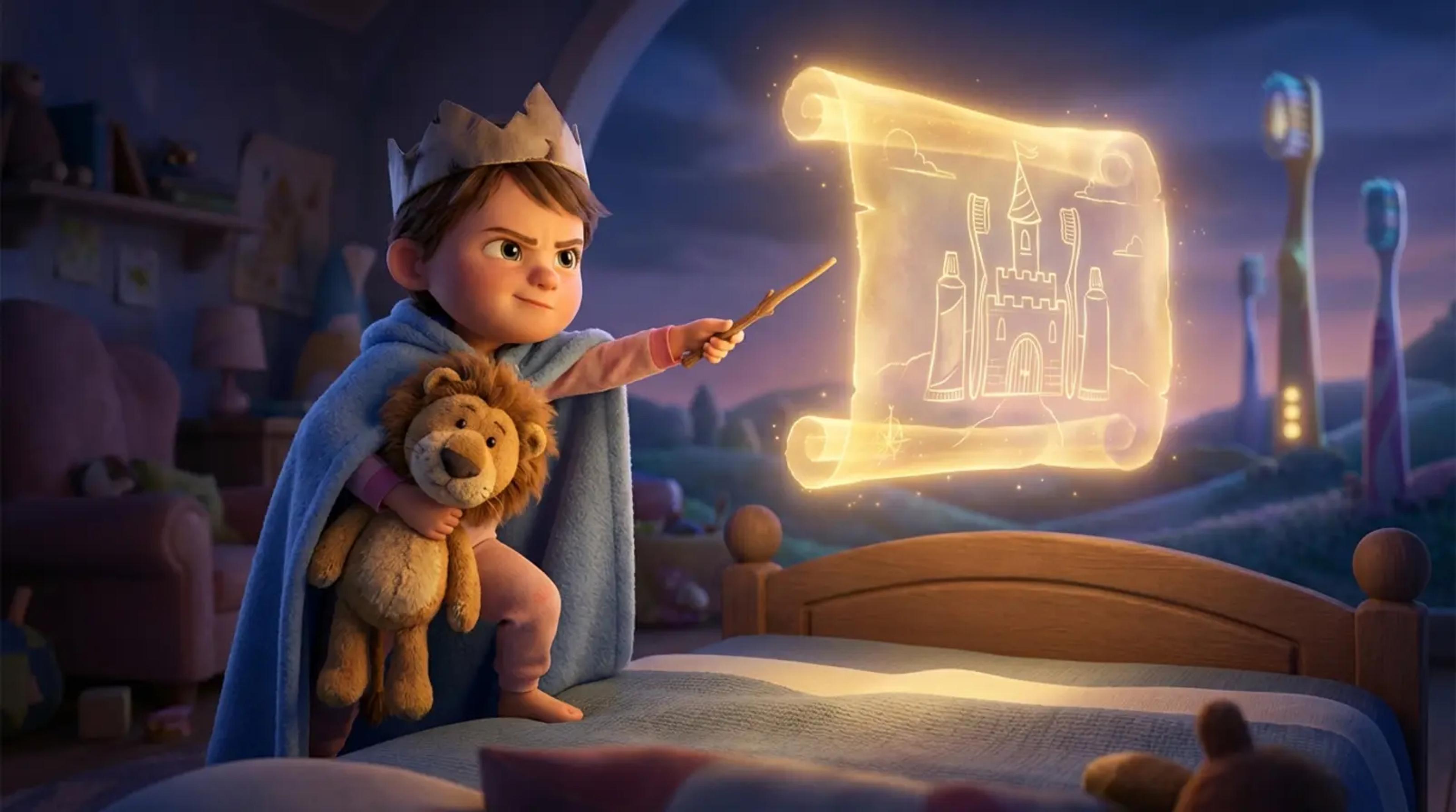 A brave young child in a blanket cape holding a stuffed lion, looking at a magical floating map that transforms a dentist visit into a heroic castle adventure.