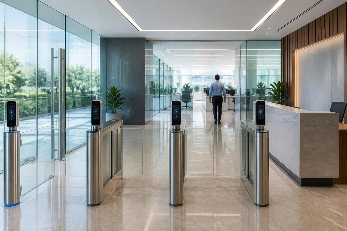 Face-recognition turnstiles at a corporate office reception.