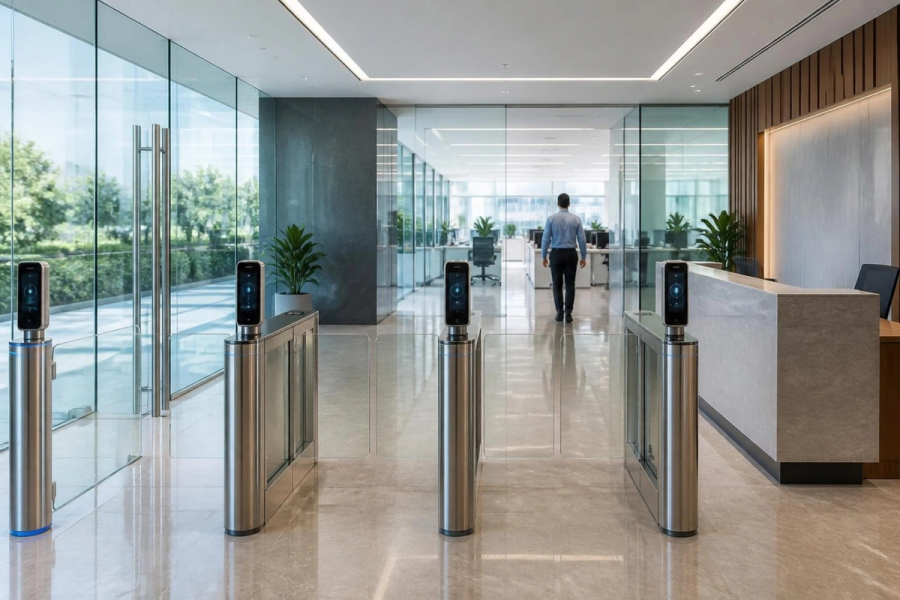 Face-recognition turnstiles at a corporate office reception.