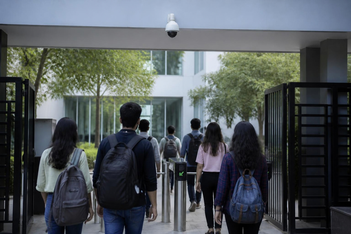 Students walking through access-control turnstiles at a campus gate