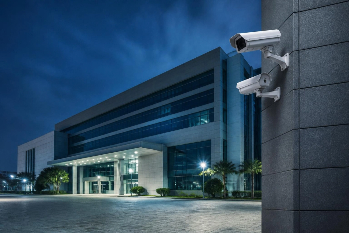 CCTV cameras watching a commercial building at night.