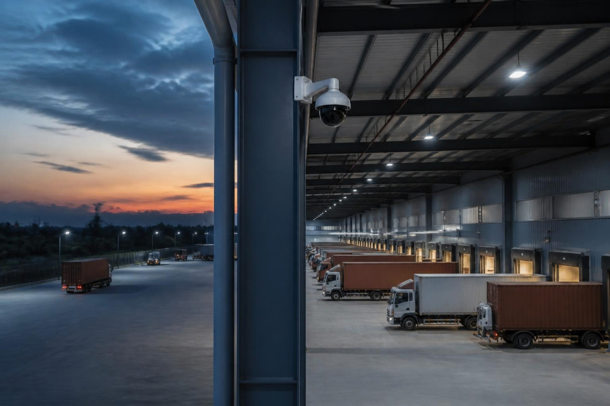 Security camera overlooking a warehouse loading dock at dusk.