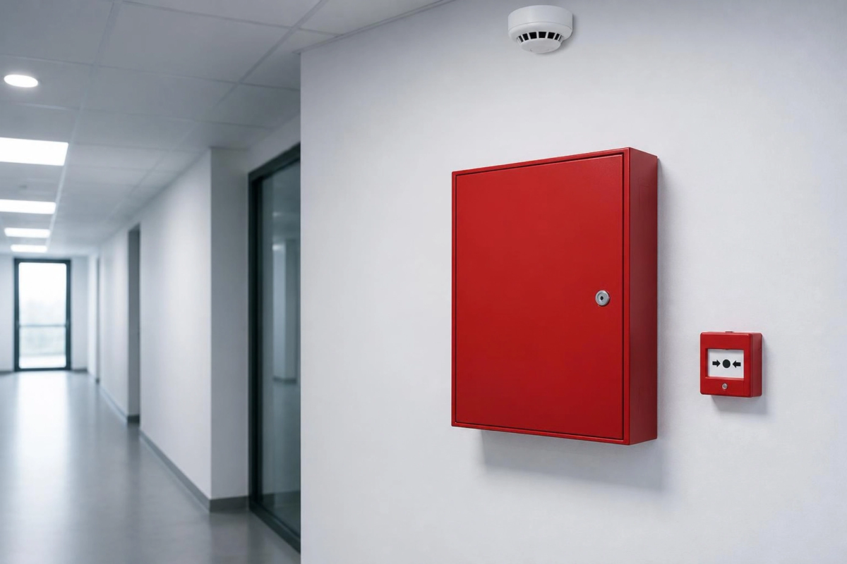 Fire alarm panel and manual call point on a corridor wall.