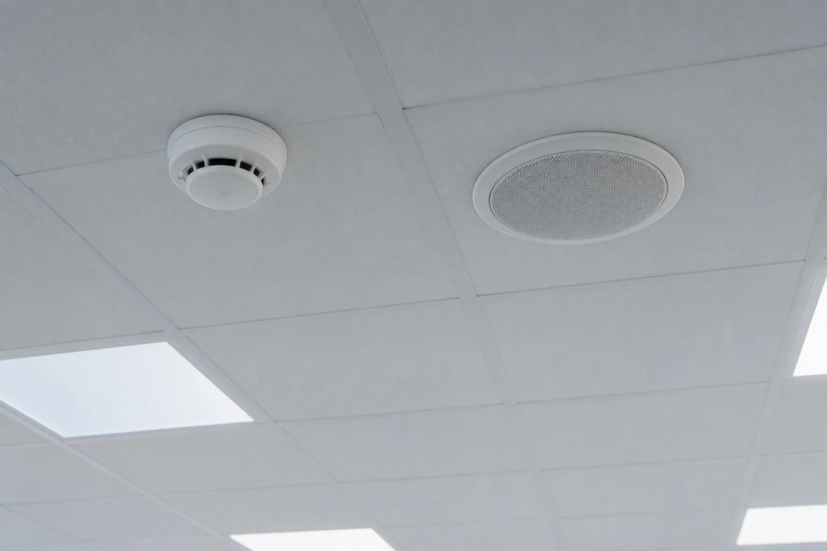 Smoke detector and evacuation speaker on an office ceiling.