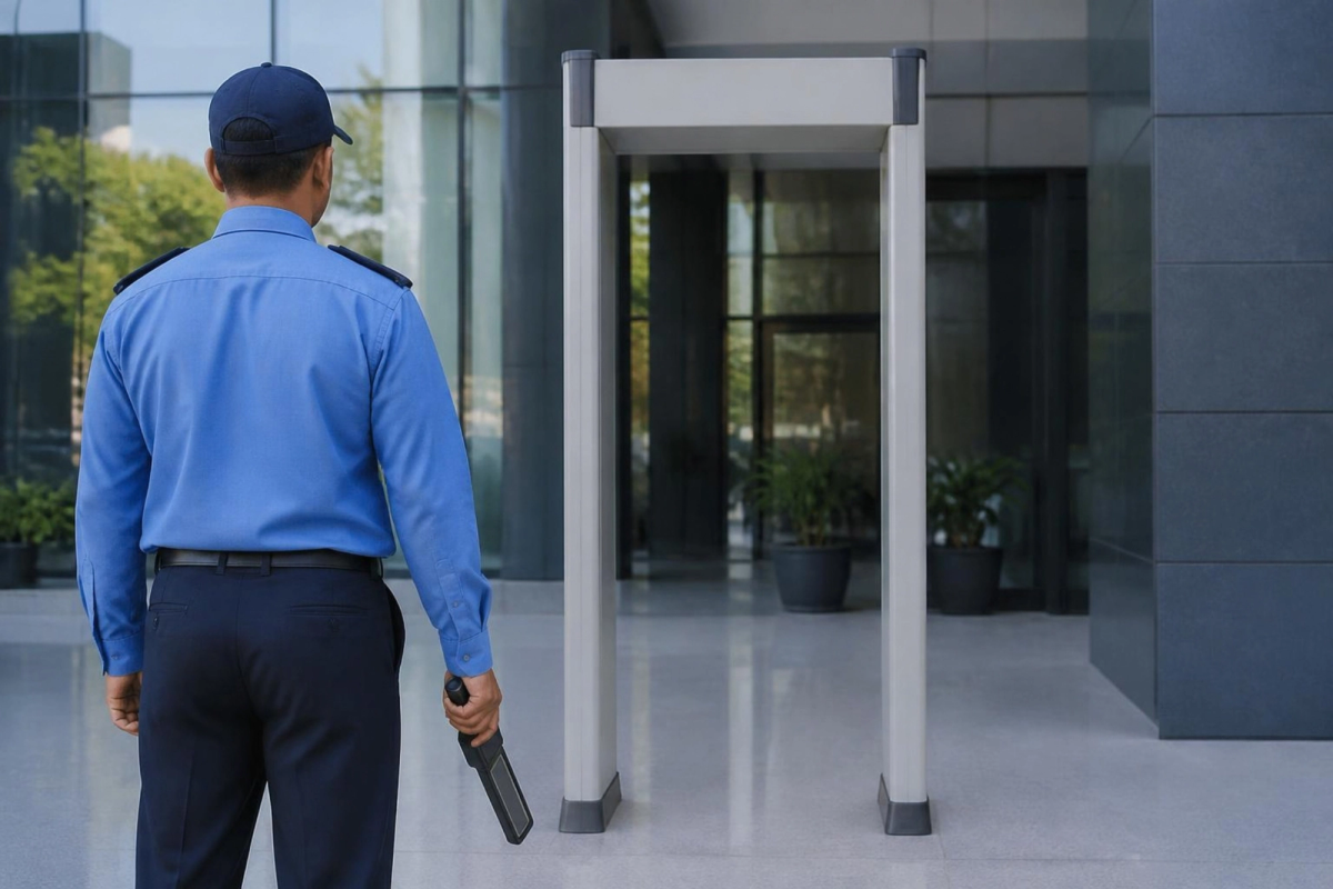 Door-frame metal detector with a guard holding a hand-held detector.