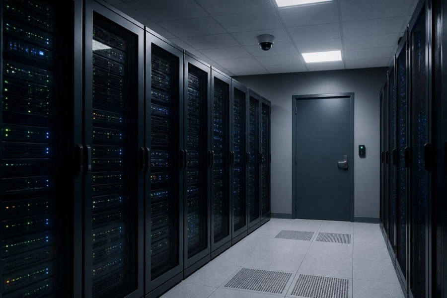 Server room with an access-controlled door and a ceiling camera.