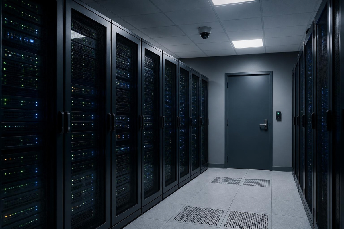 Server room with an access-controlled door and a ceiling camera.