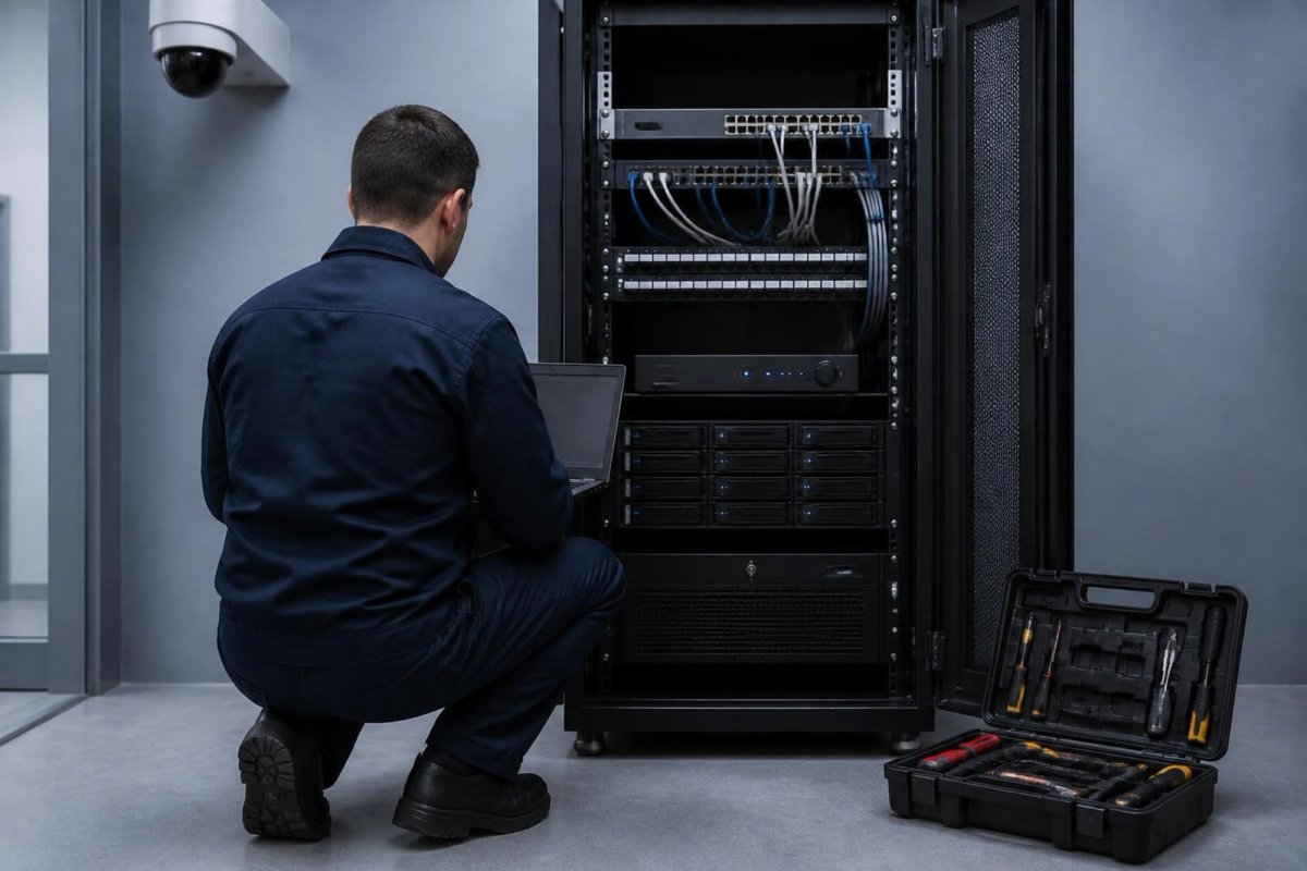 Technician checking a recorder rack during a service visit.