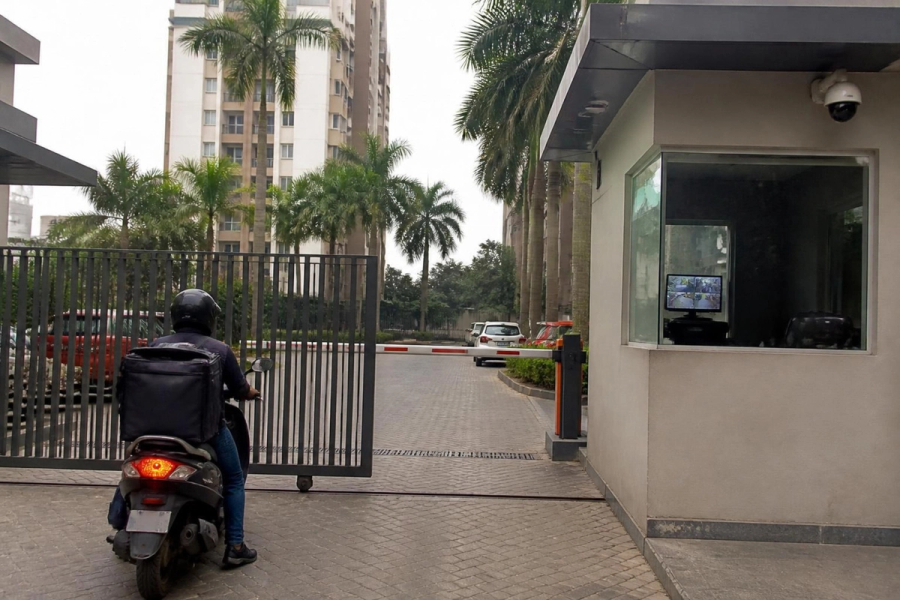 Delivery rider at a housing society gate with a boom barrier and guard cabin.