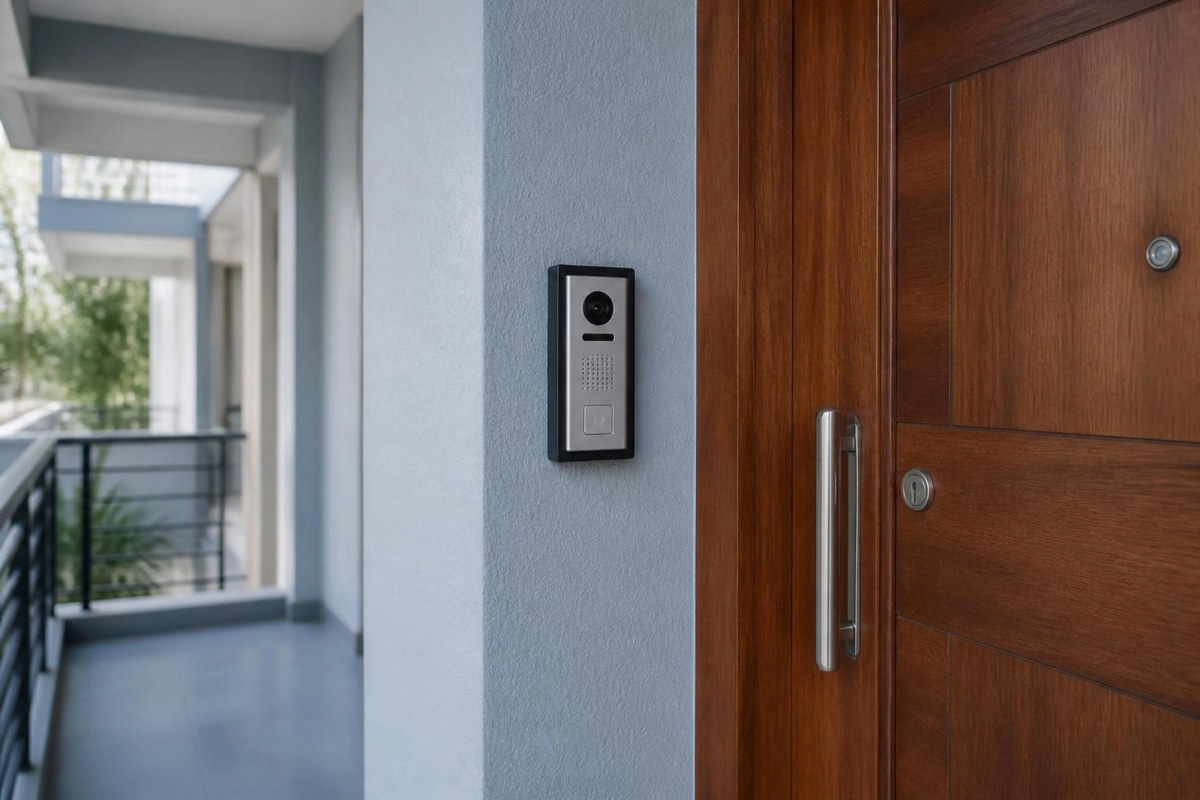 Video door phone panel beside an apartment door.