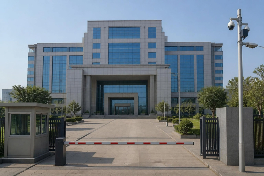 Government office entrance with a boom barrier, guard cabin and CCTV pole.