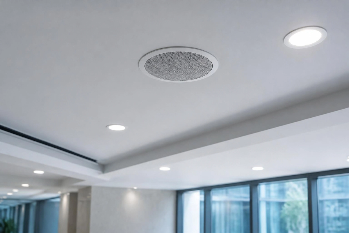Ceiling speaker in a commercial building lobby.