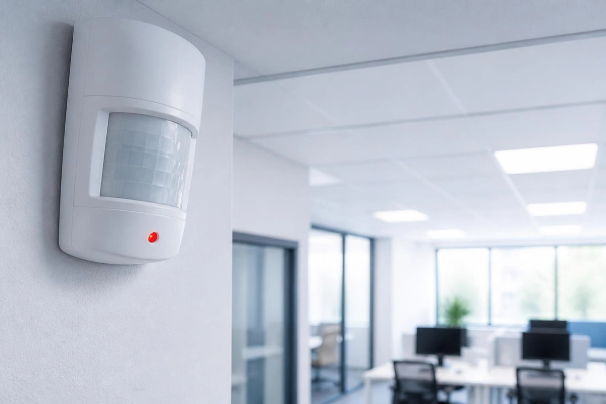 Motion detector mounted on an office wall.