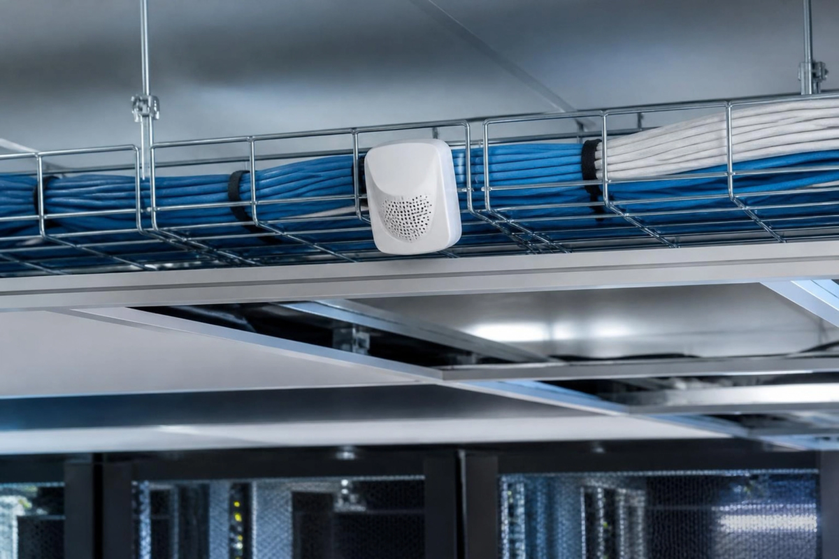 Rodent repellent unit on a cable tray above a server room.