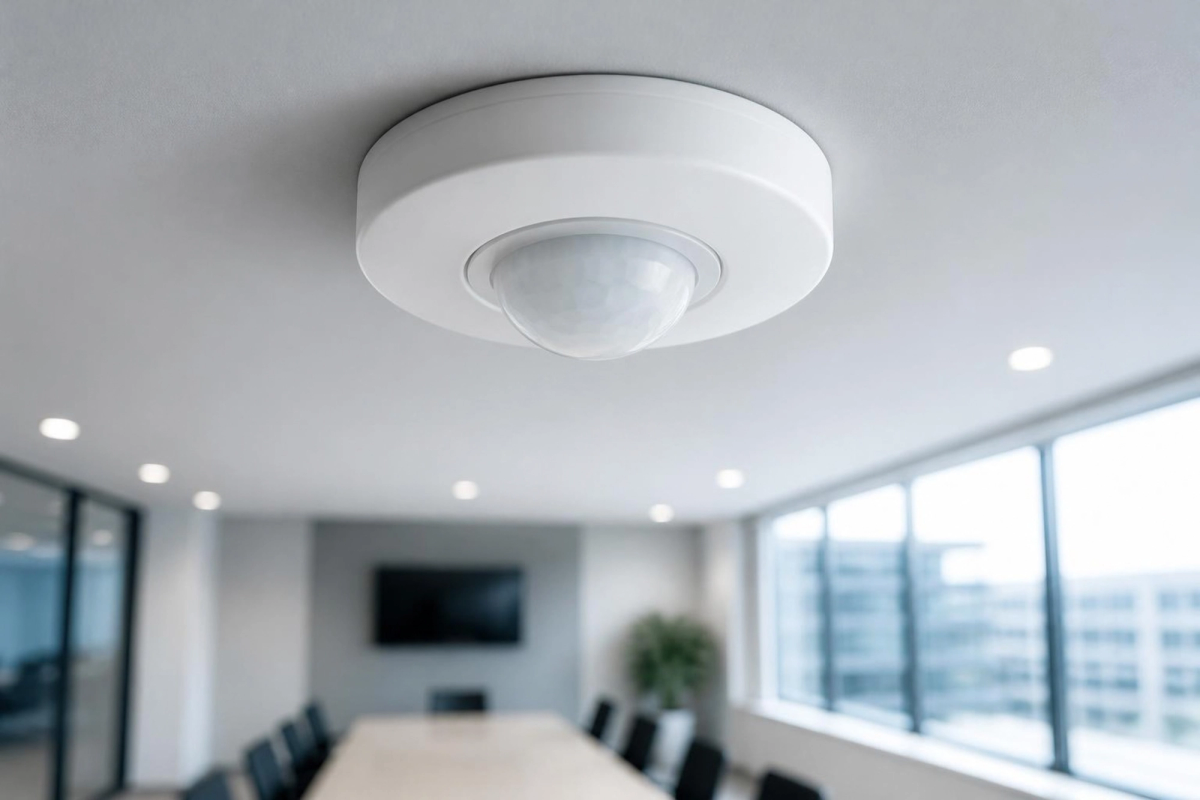 Occupancy sensor on a meeting room ceiling.