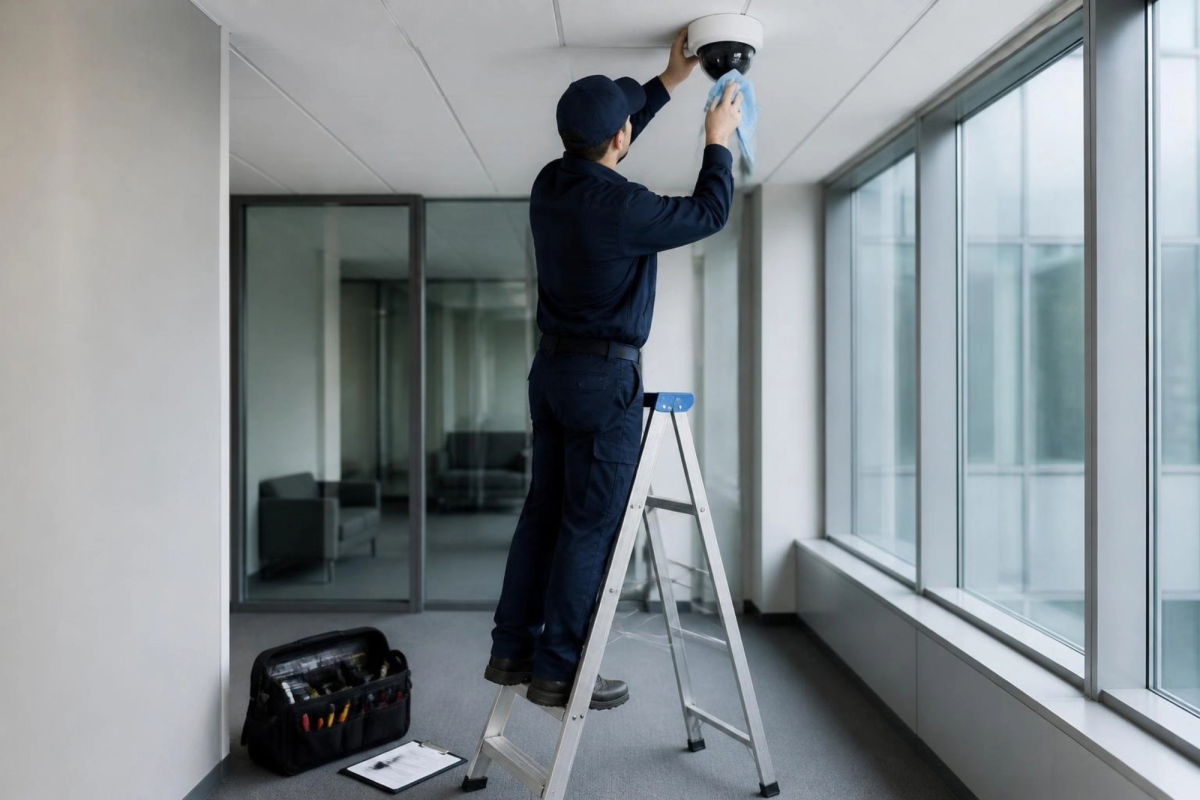 Technician cleaning a dome camera during a maintenance visit.