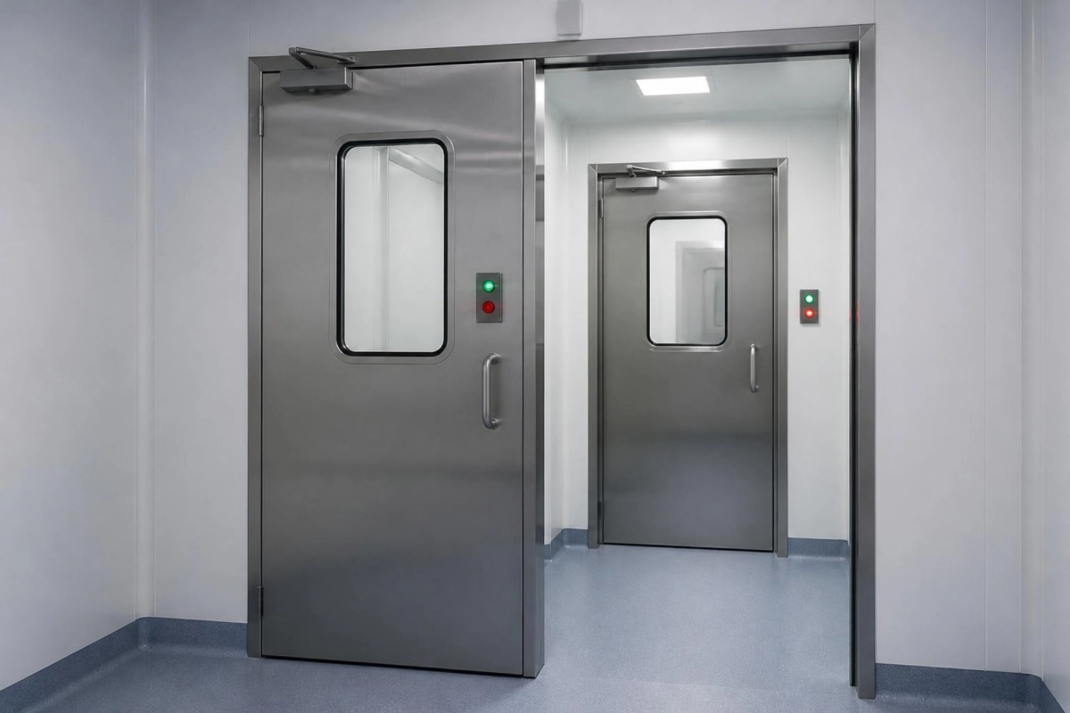 Interlocked stainless steel doors at a clean-room entrance.