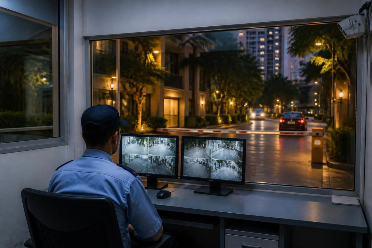 Guard watching gate camera feeds in a society security cabin.