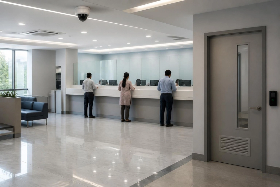 Bank branch with a ceiling security camera and an access-controlled staff door.