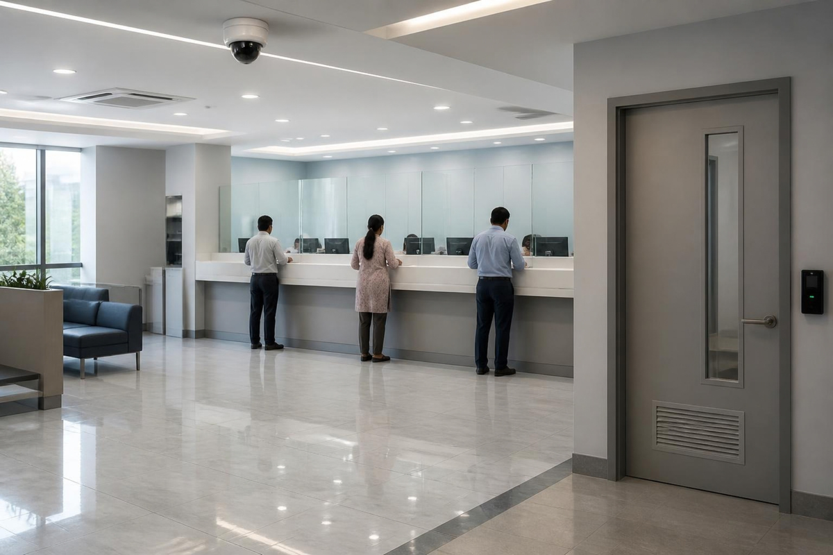Bank branch with a ceiling security camera and an access-controlled staff door.