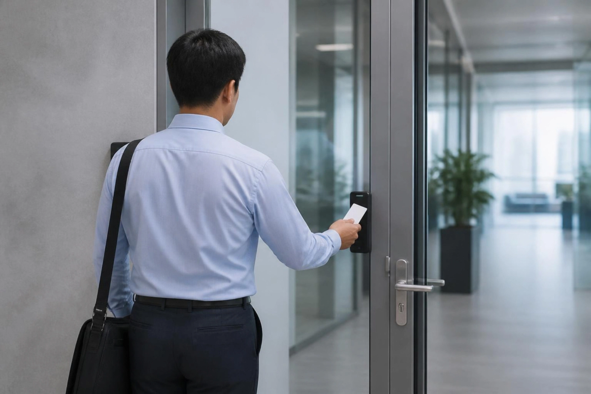 Employee tapping an ID card on a door access reader.