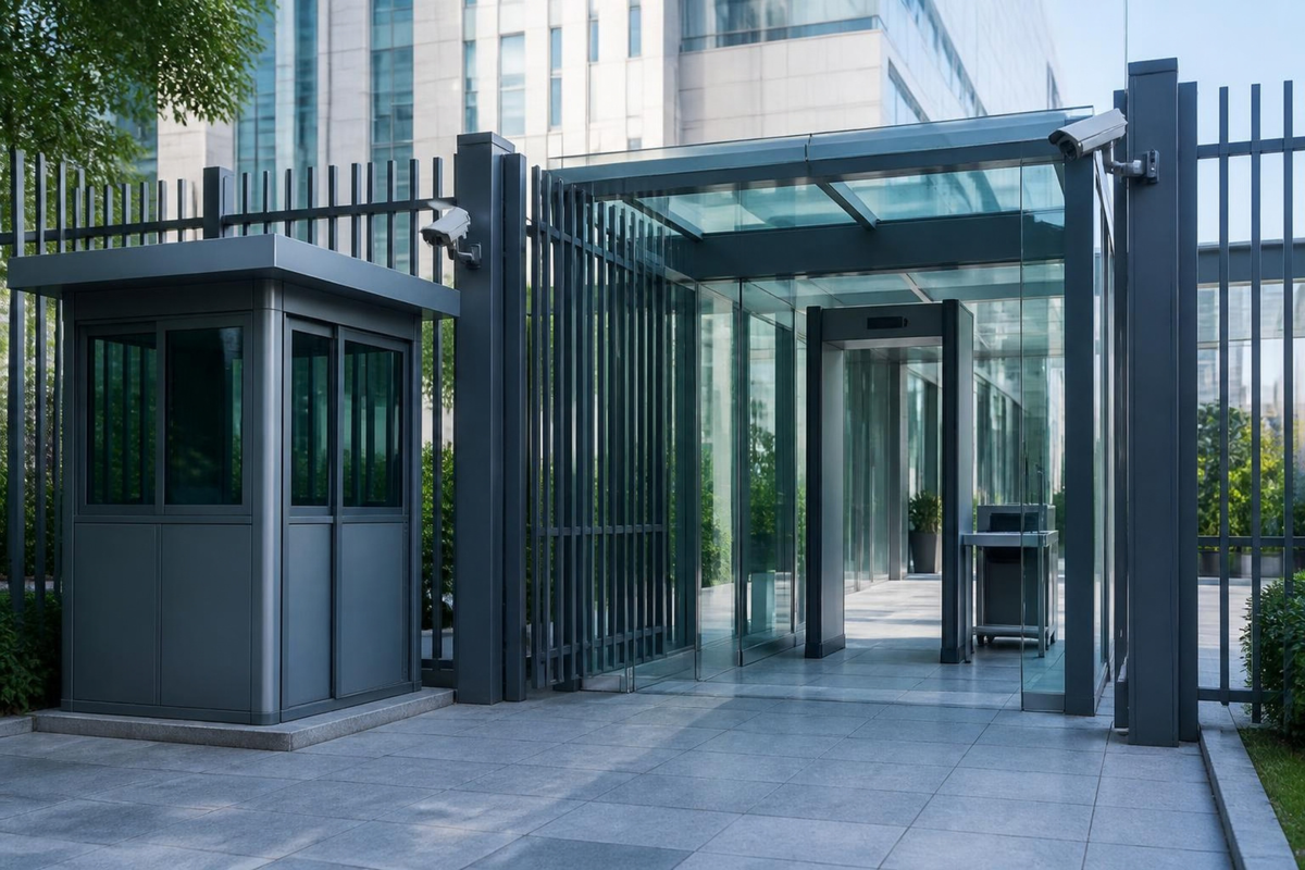 Secure entrance with a guard booth, CCTV cameras and a metal detector.