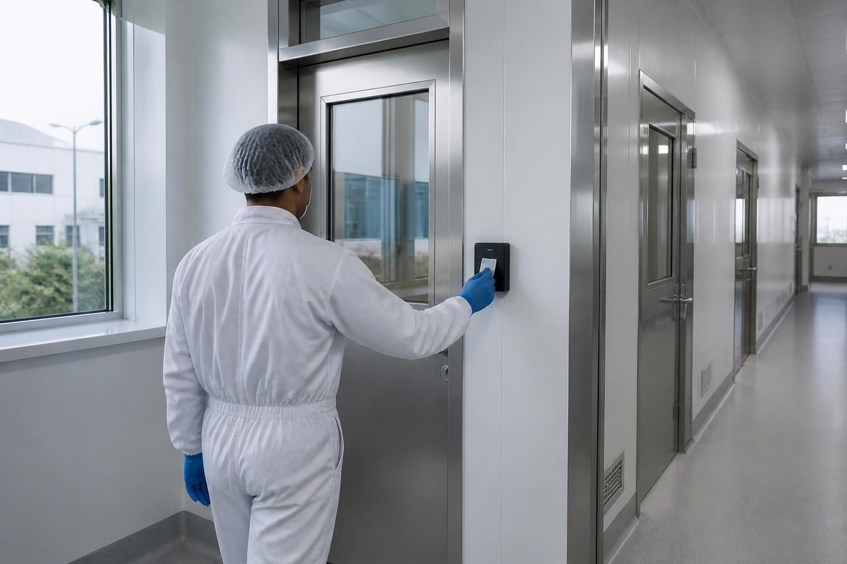 Access-controlled entry in a pharmaceutical clean-room corridor.
